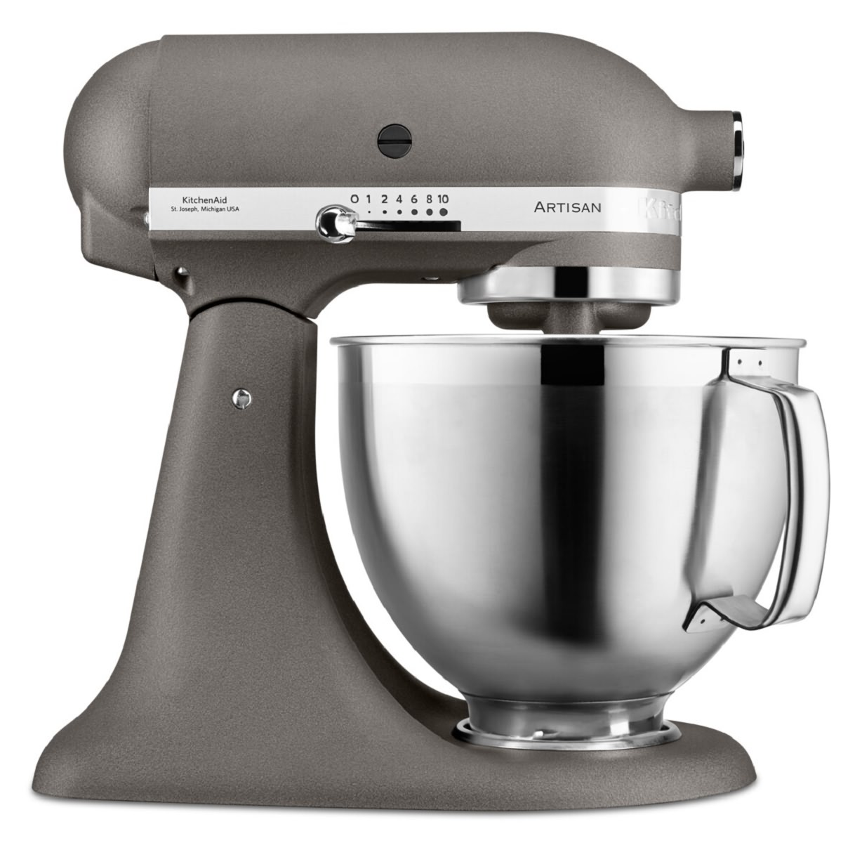 Eine KitchenAid Artisan Küchenmaschine in Grau mit einer Edelstahl-Rührschüssel.