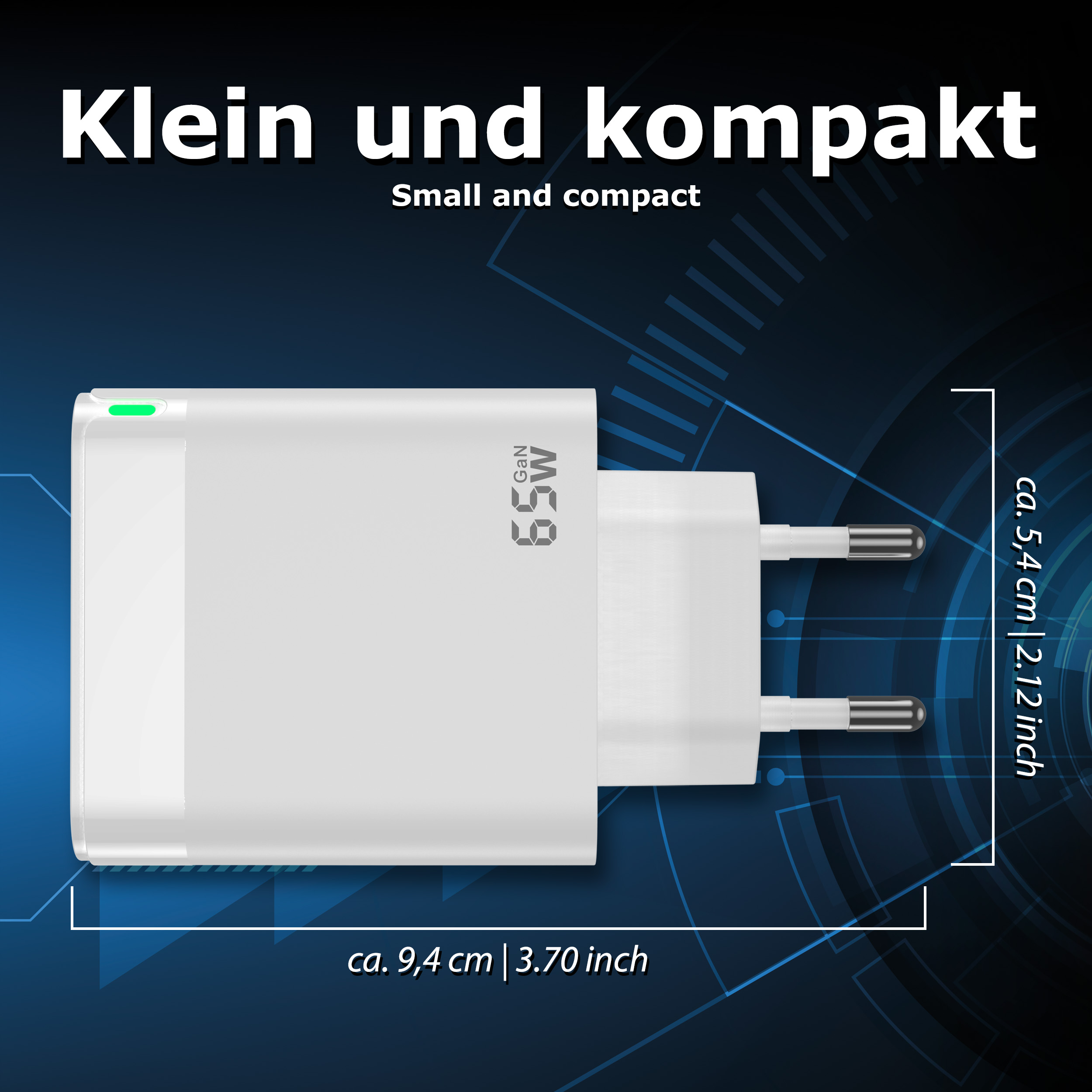 Weißes Netzteil mit Text. Liest: 'Klein und kompakt', 'Small and compact'.
