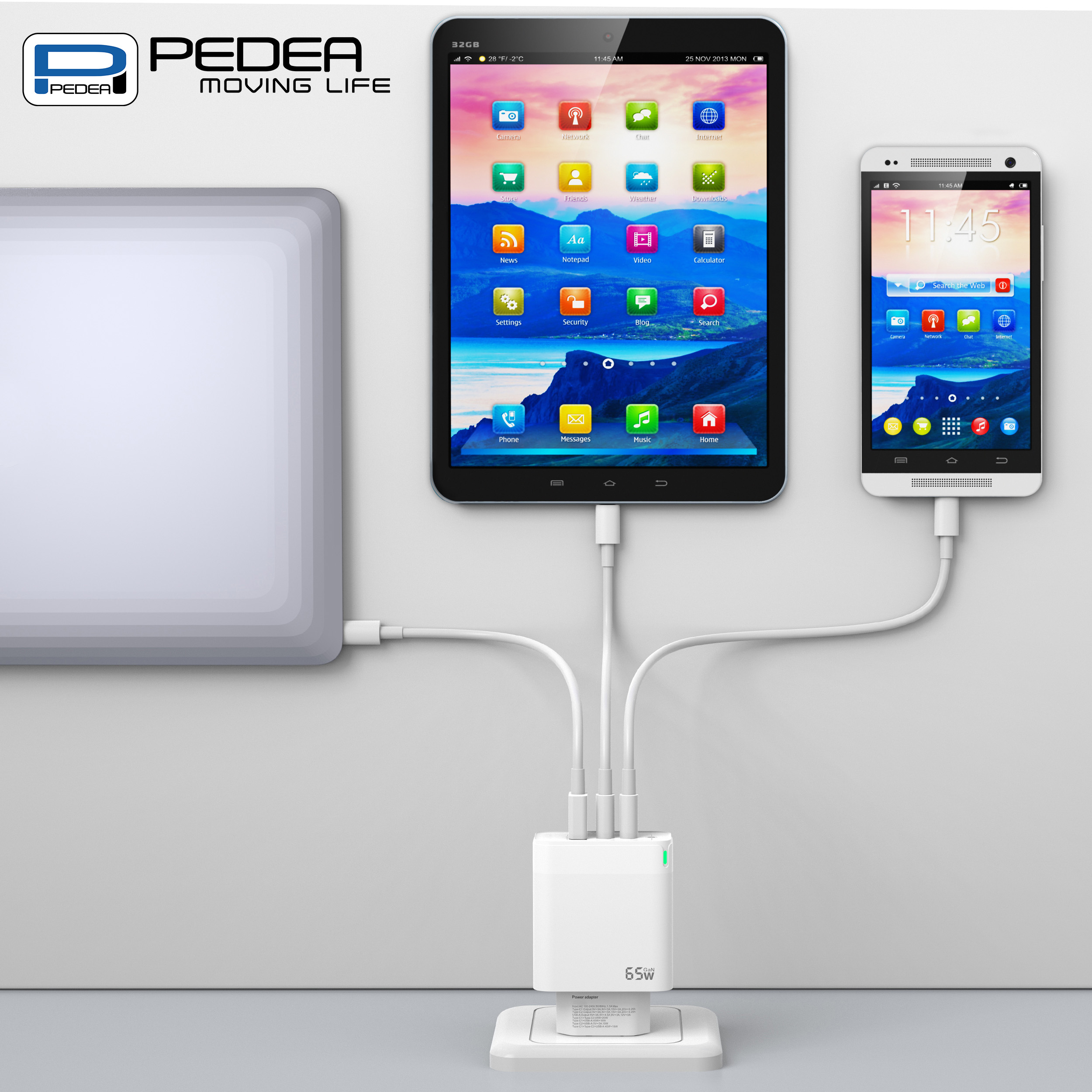 Ein Tablet und ein Telefon sind mit einer Ladestation mit weißer Basis verbunden.