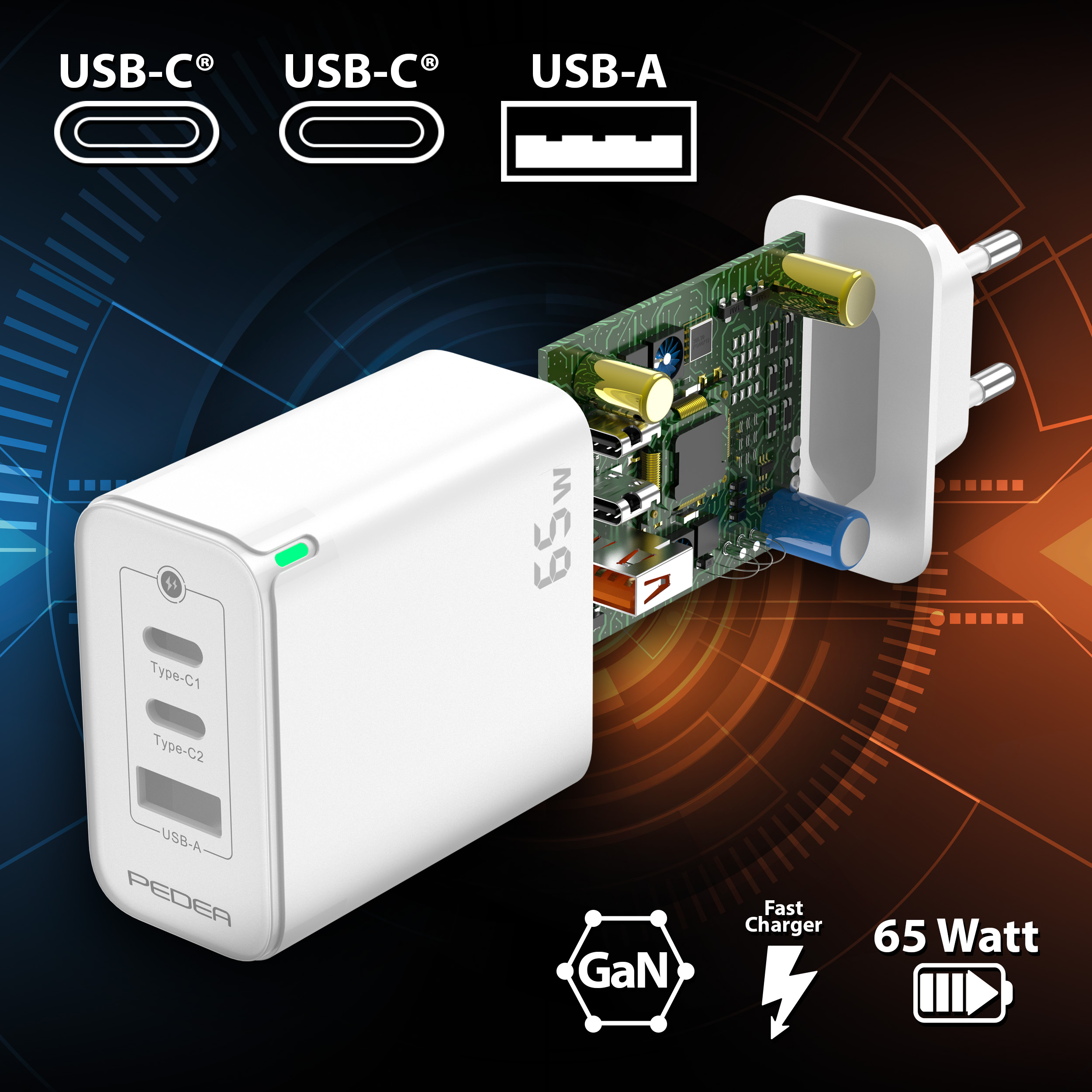 Weißes 65-W-Schnellladegerät mit USB-C- und USB-A-Anschlüssen, interne Komponenten sichtbar.