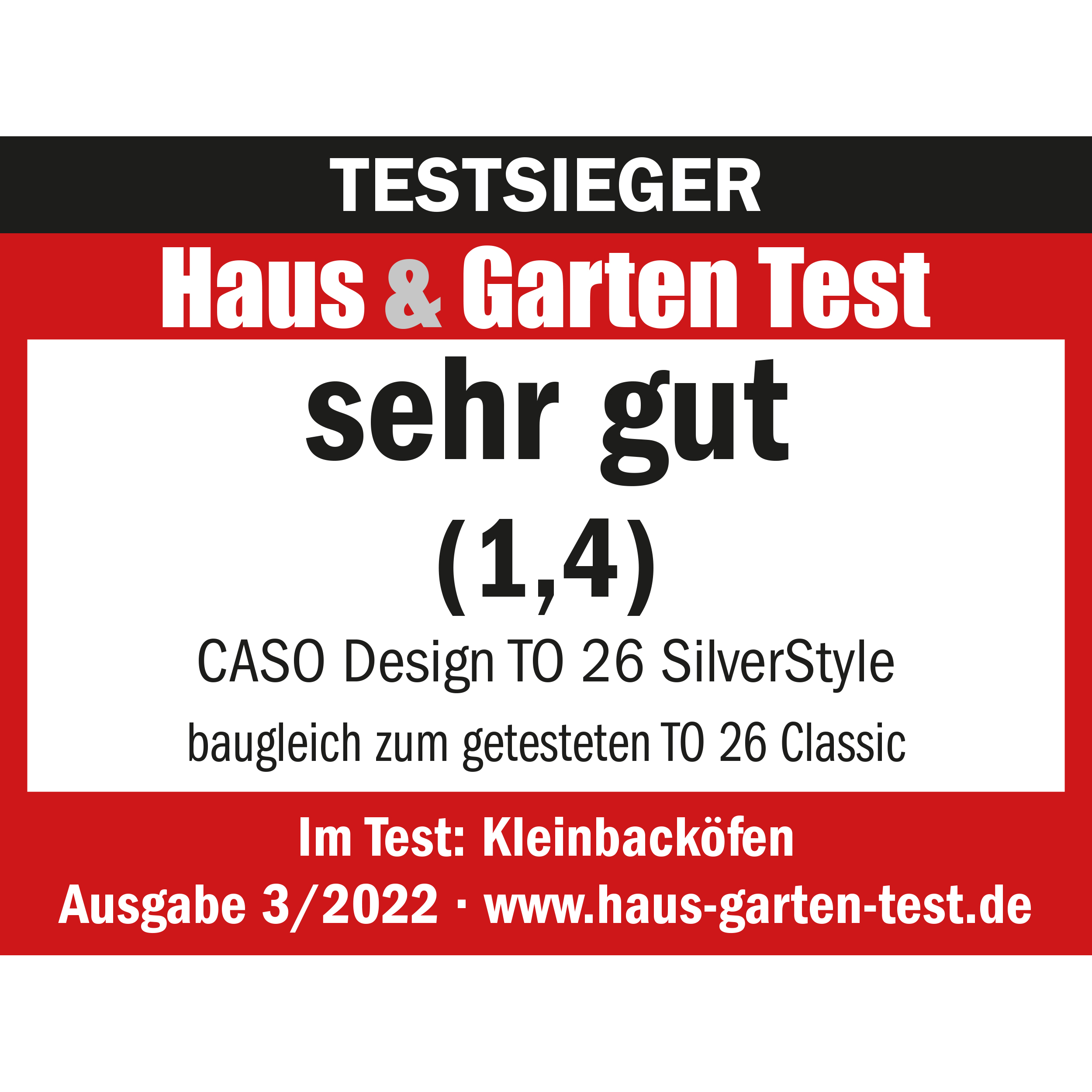 Ein Produktbewertungsetikett auf Deutsch mit dem Text 'sehr gut (1,4)' und Markeninformationen.
