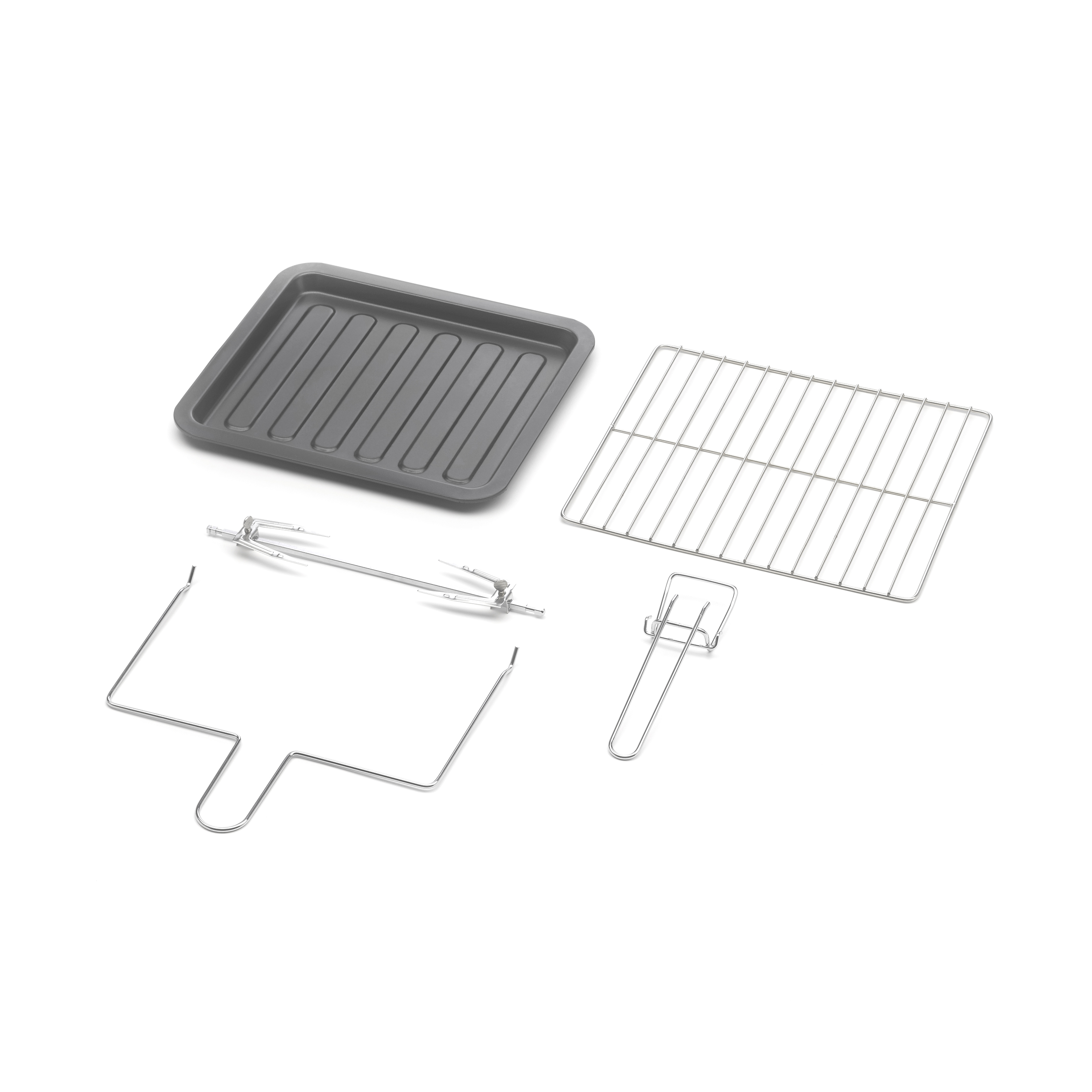 Vari accessori per forno. Include un vassoio, una griglia, uno spiedo e una maniglia.