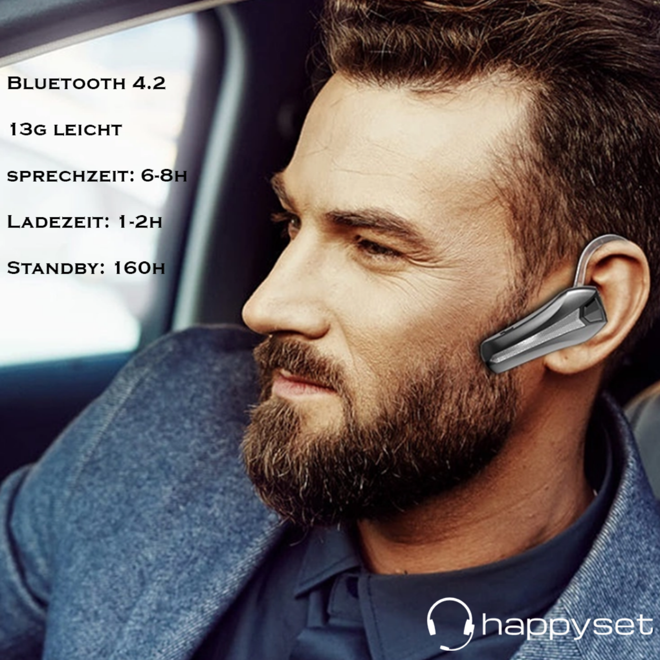 Short, Headset Bluetooth Bluetooth HAPPYSET Schwarz In-ear