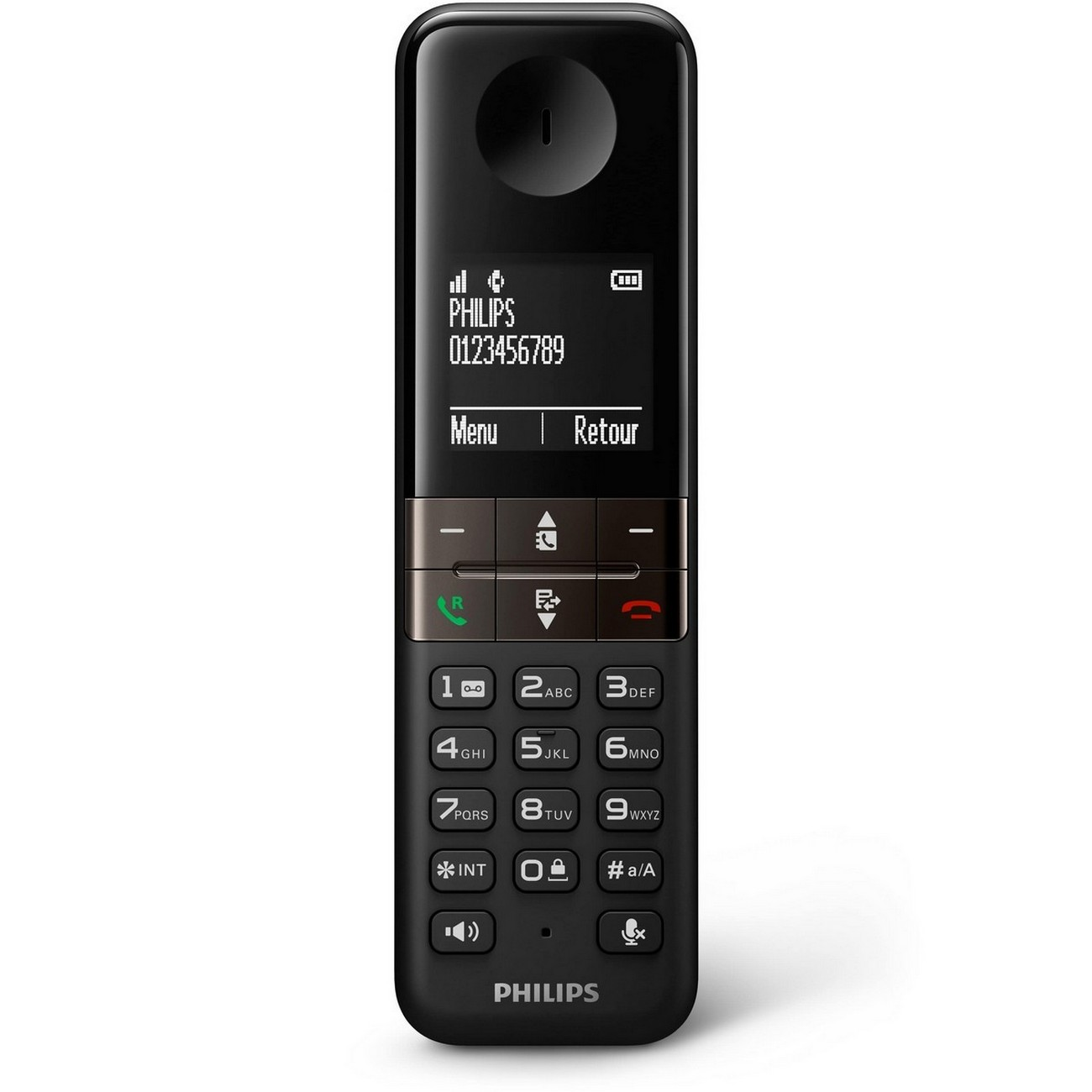 Teléfono inalámbrico Philips negro con pantalla y botones.
