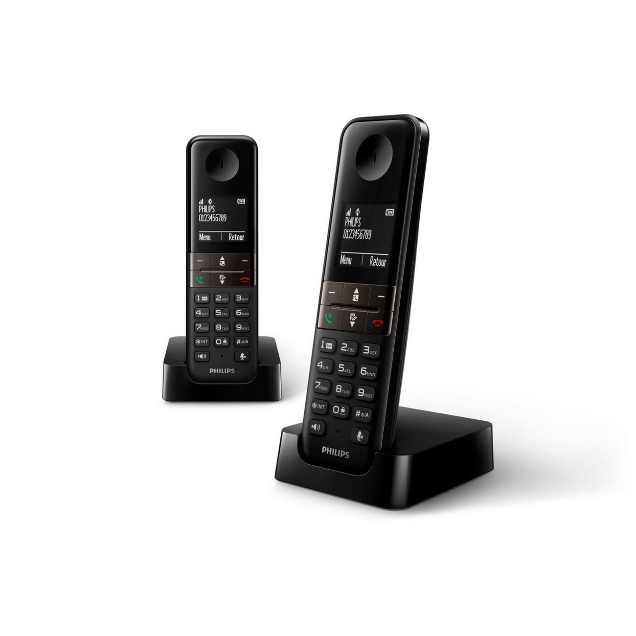 Dos teléfonos inalámbricos Philips negros con pantallas y botones. Uno está en su base, el otro está en posición vertical.