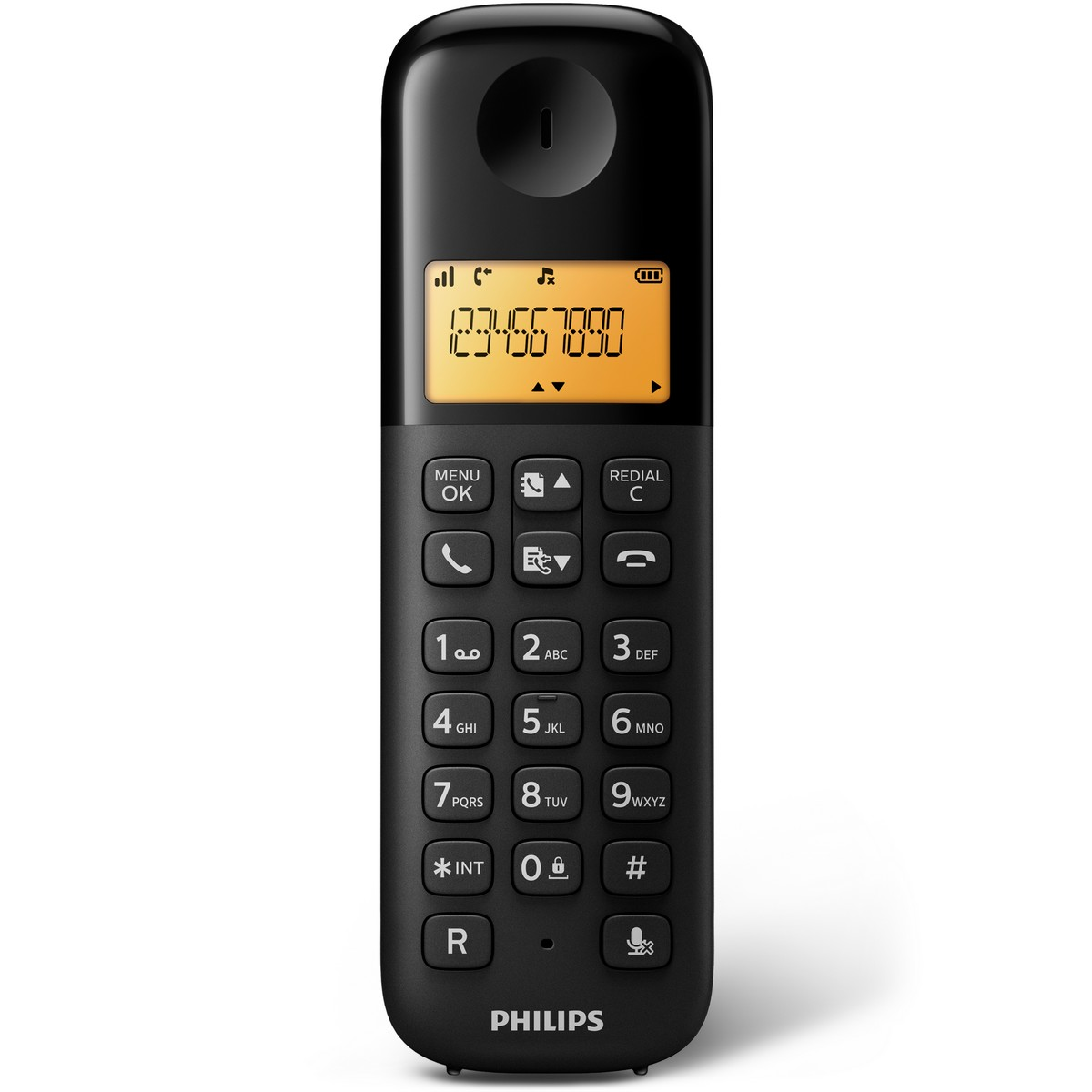 Telefono cordless nero con display e pulsanti.