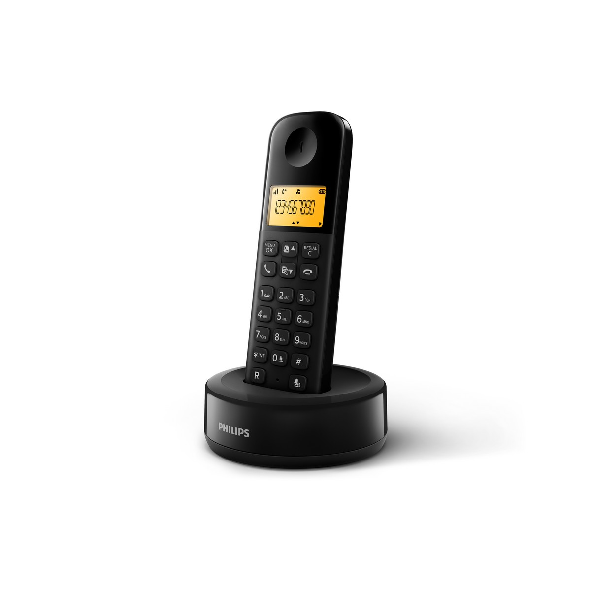 Telefono cordless Philips nero sulla sua base di ricarica, display illuminato con numeri.