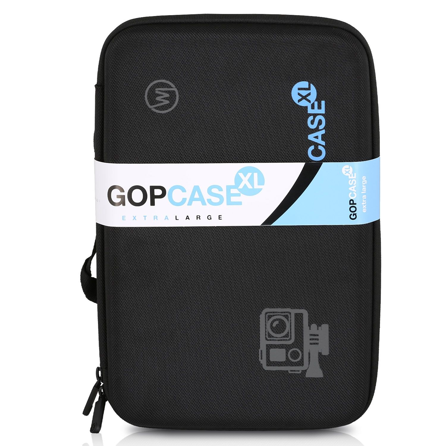 Schwarze Kameratasche mit Reißverschluss und Griff. Auf der Tasche steht GOPCASE XL.
