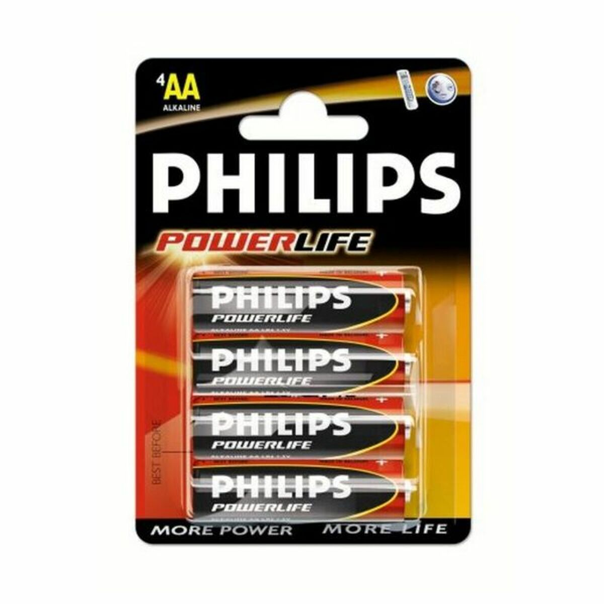 Een verpakking van vier Philips Powerlife AA alkaline batterijen. De verpakking is zwart en rood.