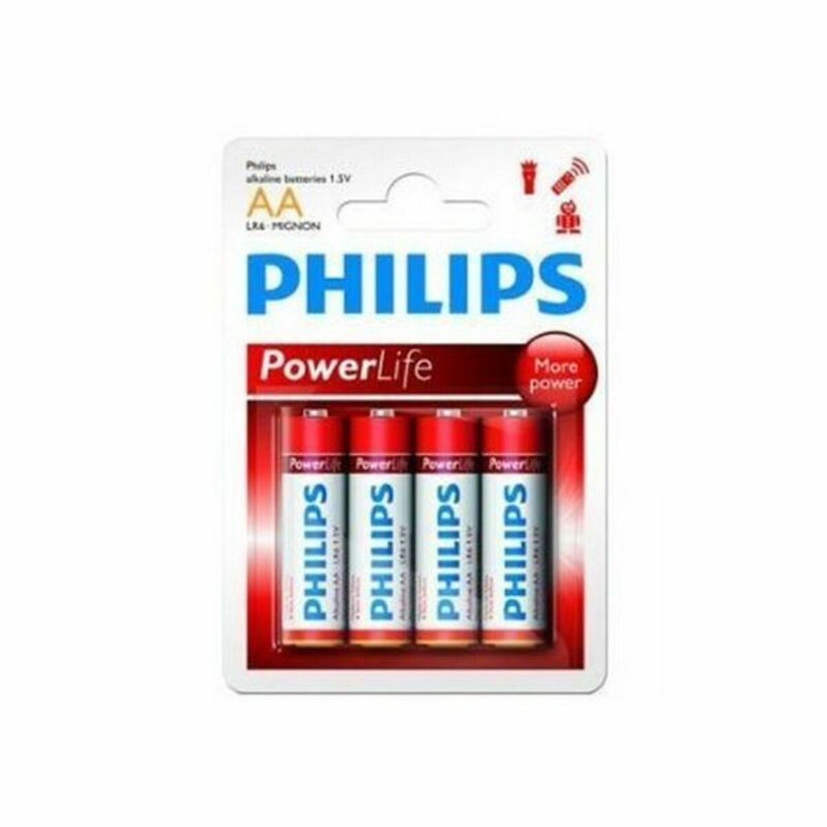 Verpakking van Philips PowerLife AA-batterijen. Vier batterijen zijn zichtbaar.
