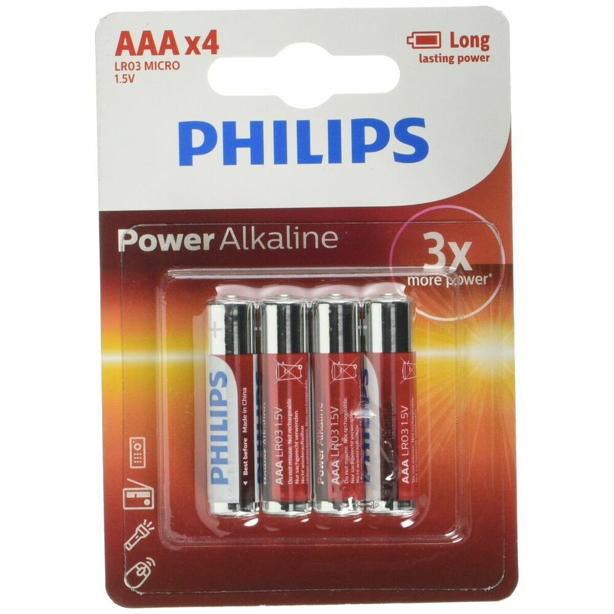 Een verpakking Philips Power Alkaline AAA-batterijen, met een rood-wit kleurenschema.