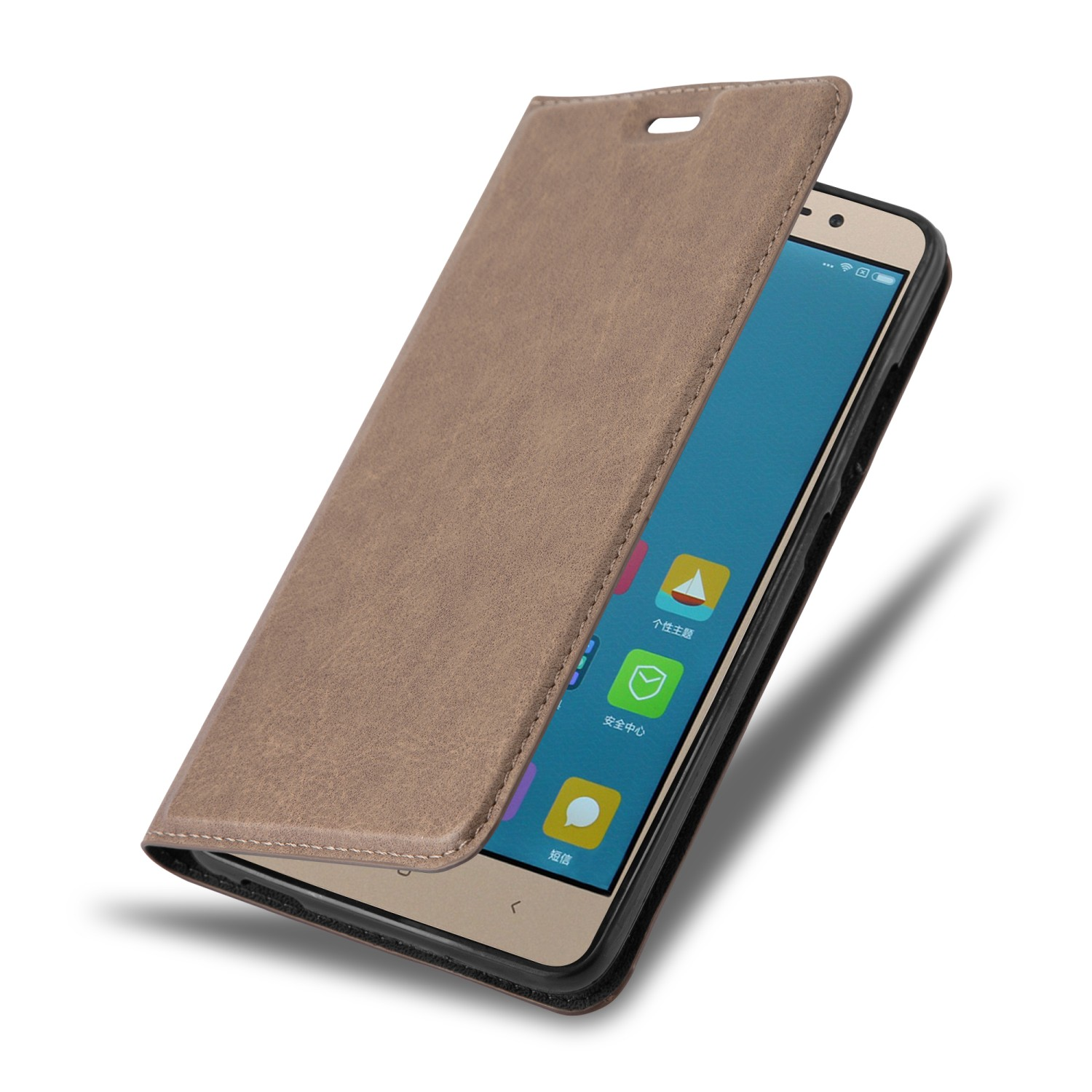 Braune Leder-Handyhülle mit Telefon im Inneren, offen, weißer Hintergrund.