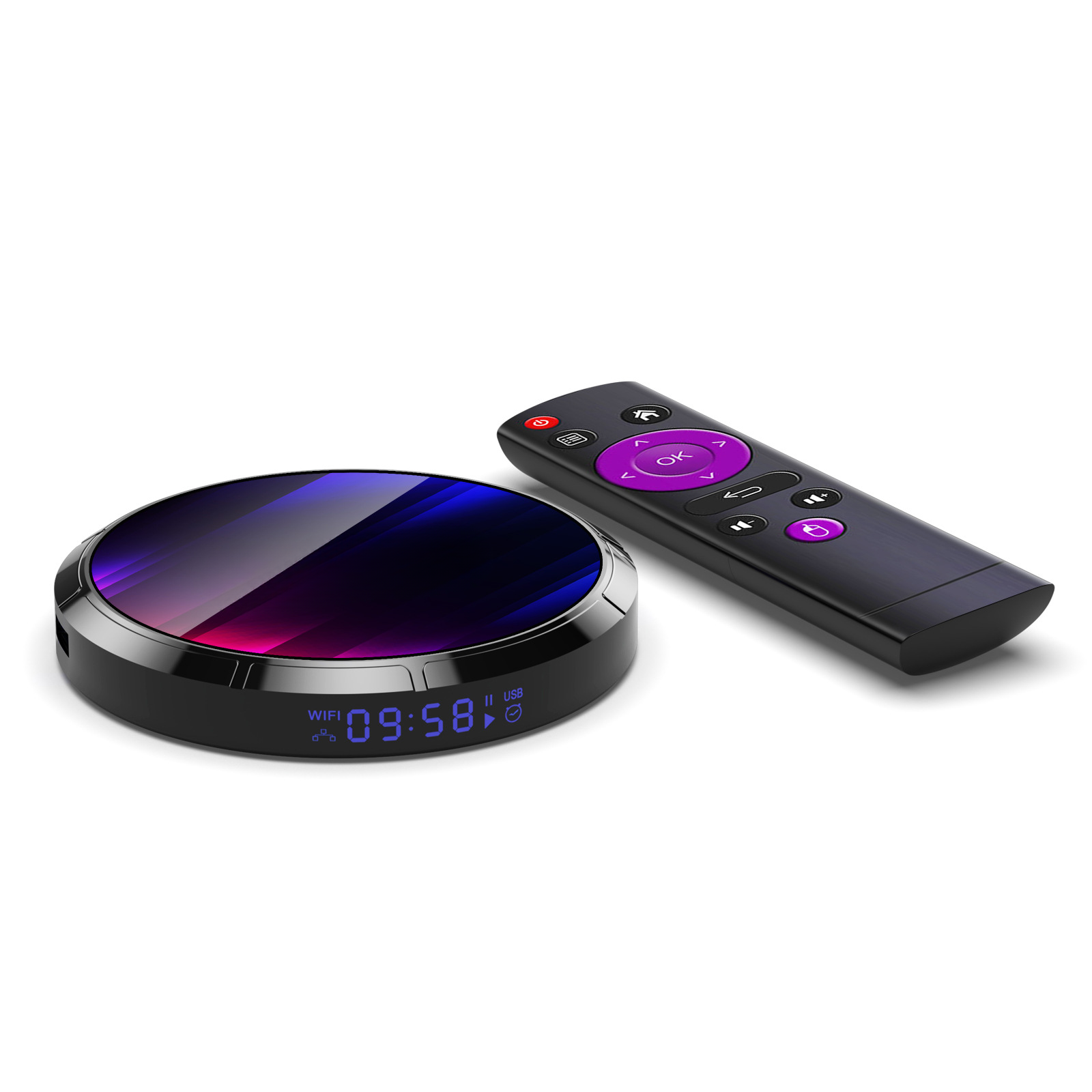 Schwarze TV-Box mit Fernbedienung.