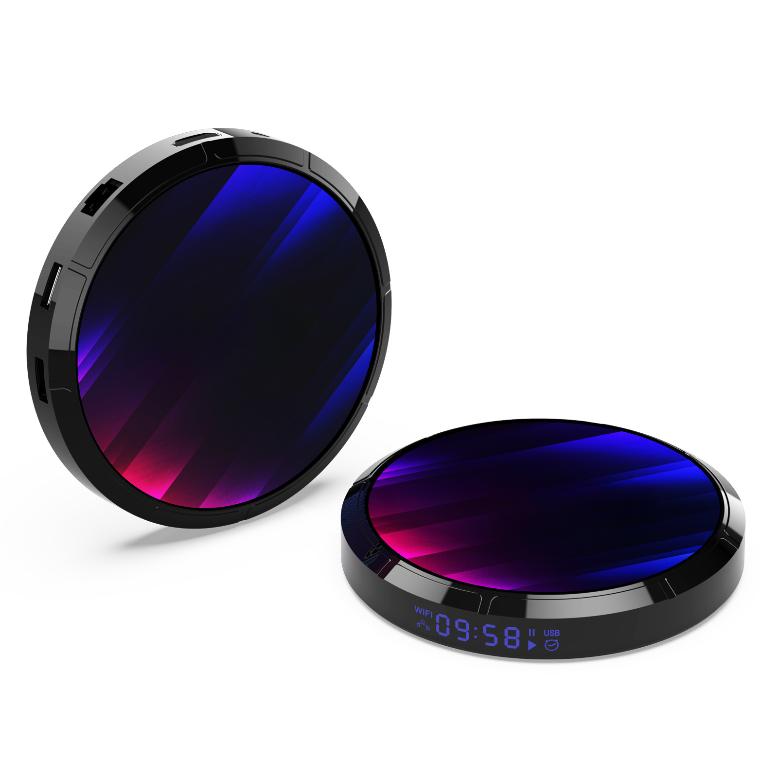 Zwei schwarze kreisförmige Geräte mit blau-violetter Oberfläche. Rechts mit Digitalanzeige.