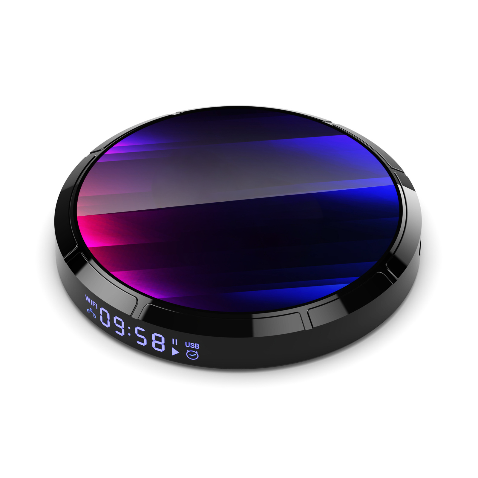 Schwarzes und blaues Smart-Home-Gerät mit digitaler Zeitanzeige auf weißem Hintergrund.