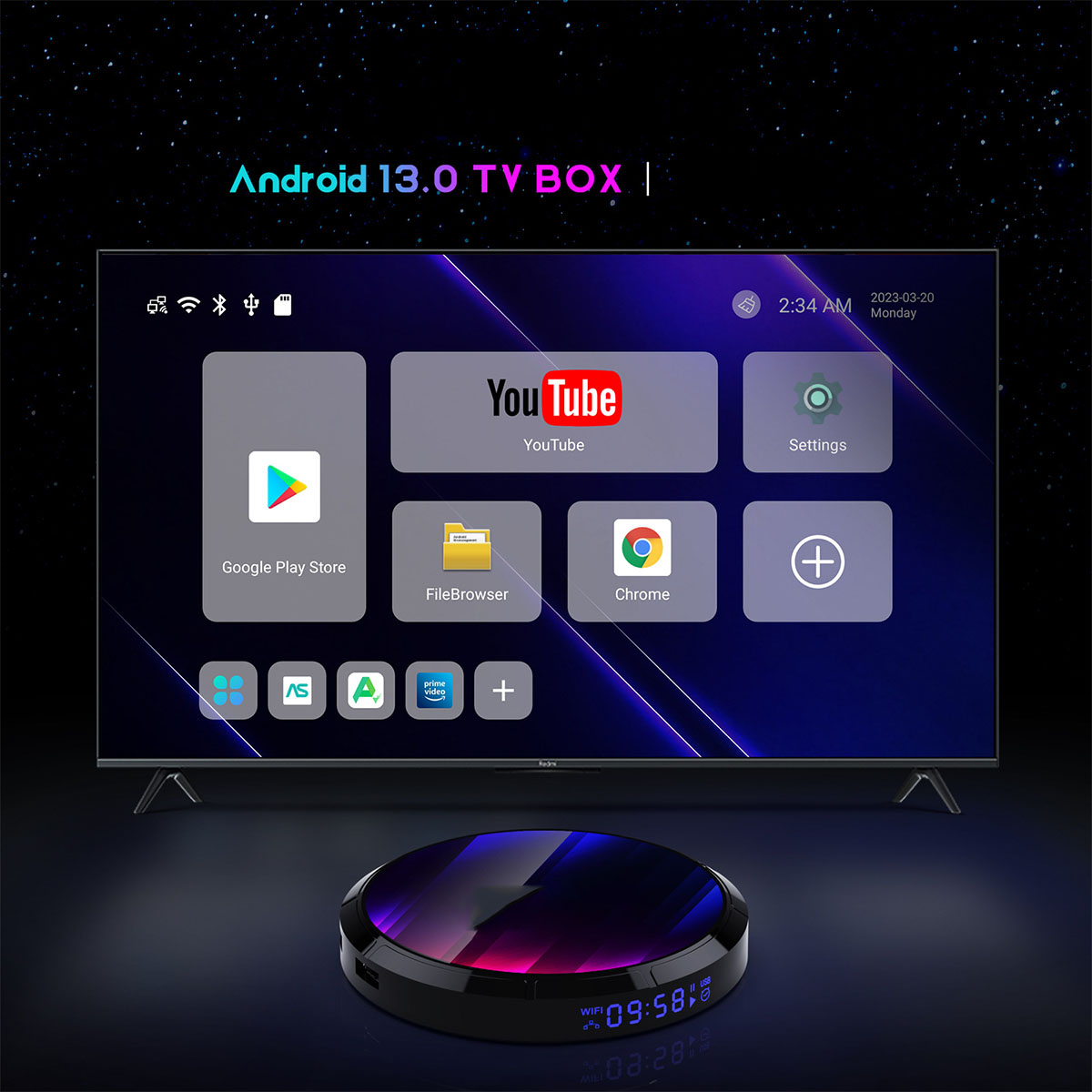 Ein Fernsehbildschirm mit Apps und eine TV-Box darunter.
