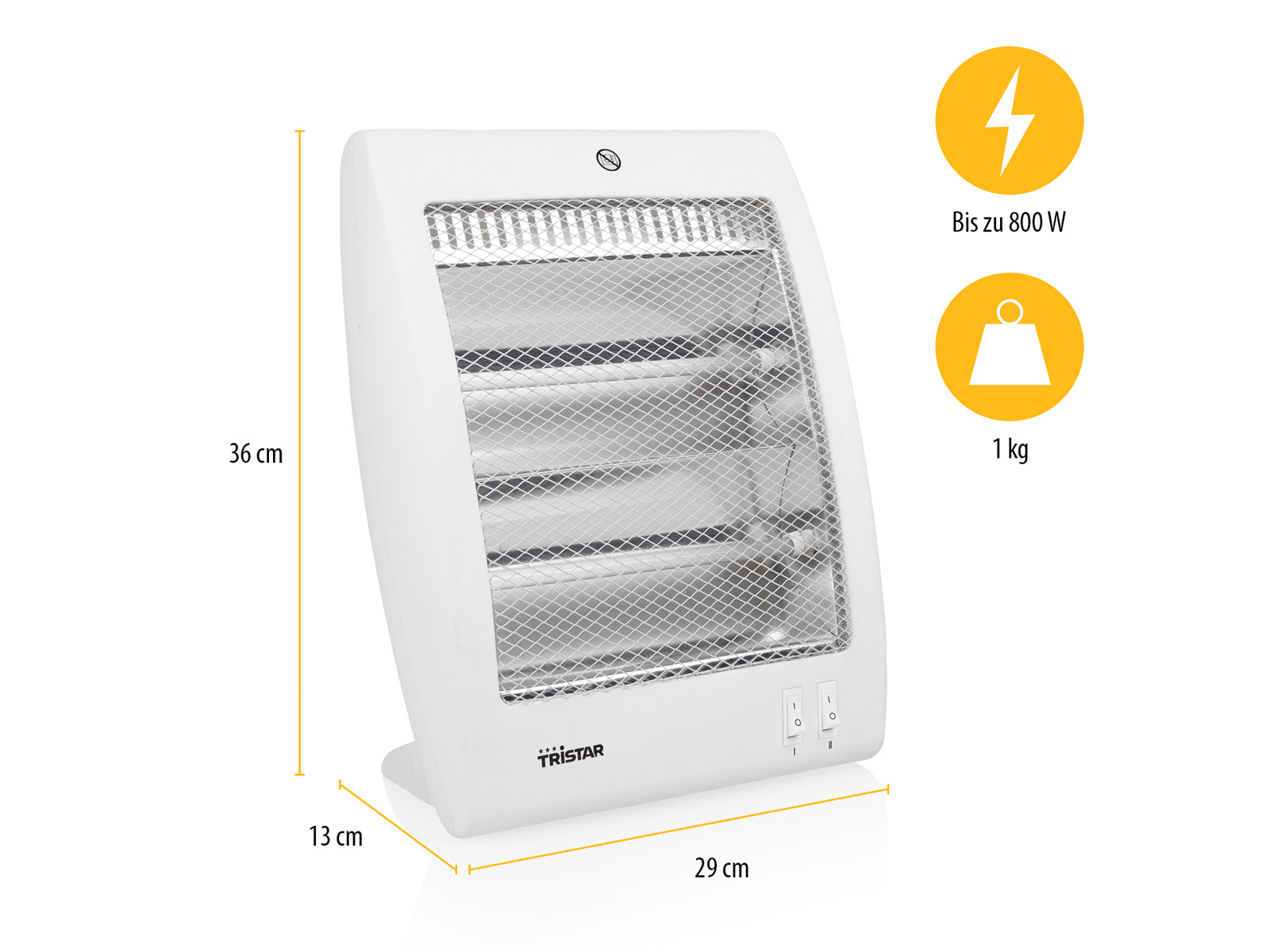 Ein weißer Elektroheizer mit Abmessungen und Spezifikationen: 36 cm hoch, 29 cm breit, 13 cm tief und wiegt 1 kg.
