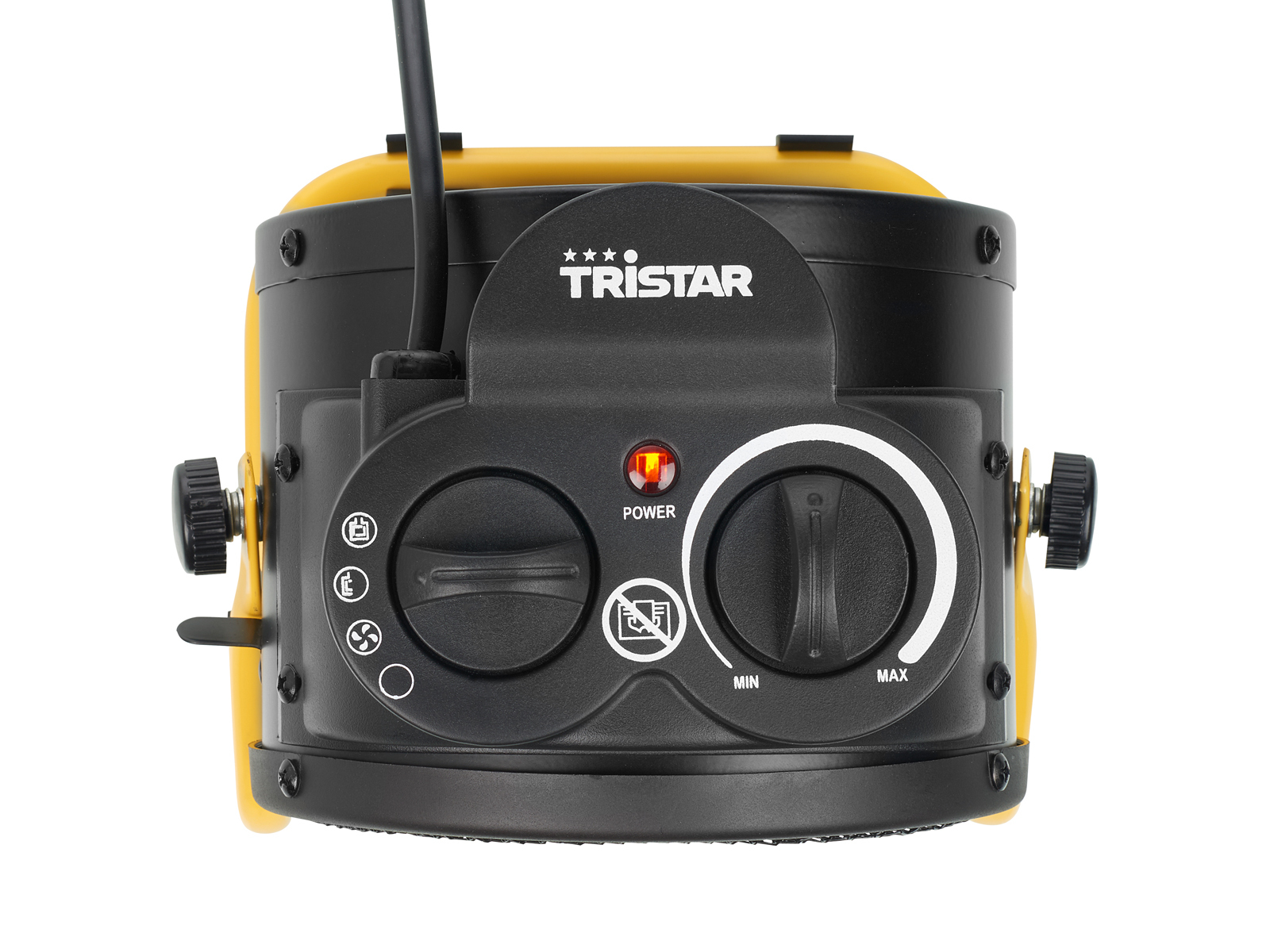 Gele en zwarte Tristar-kachel met vermogens- en temperatuurregelaars, geïsoleerd op wit.