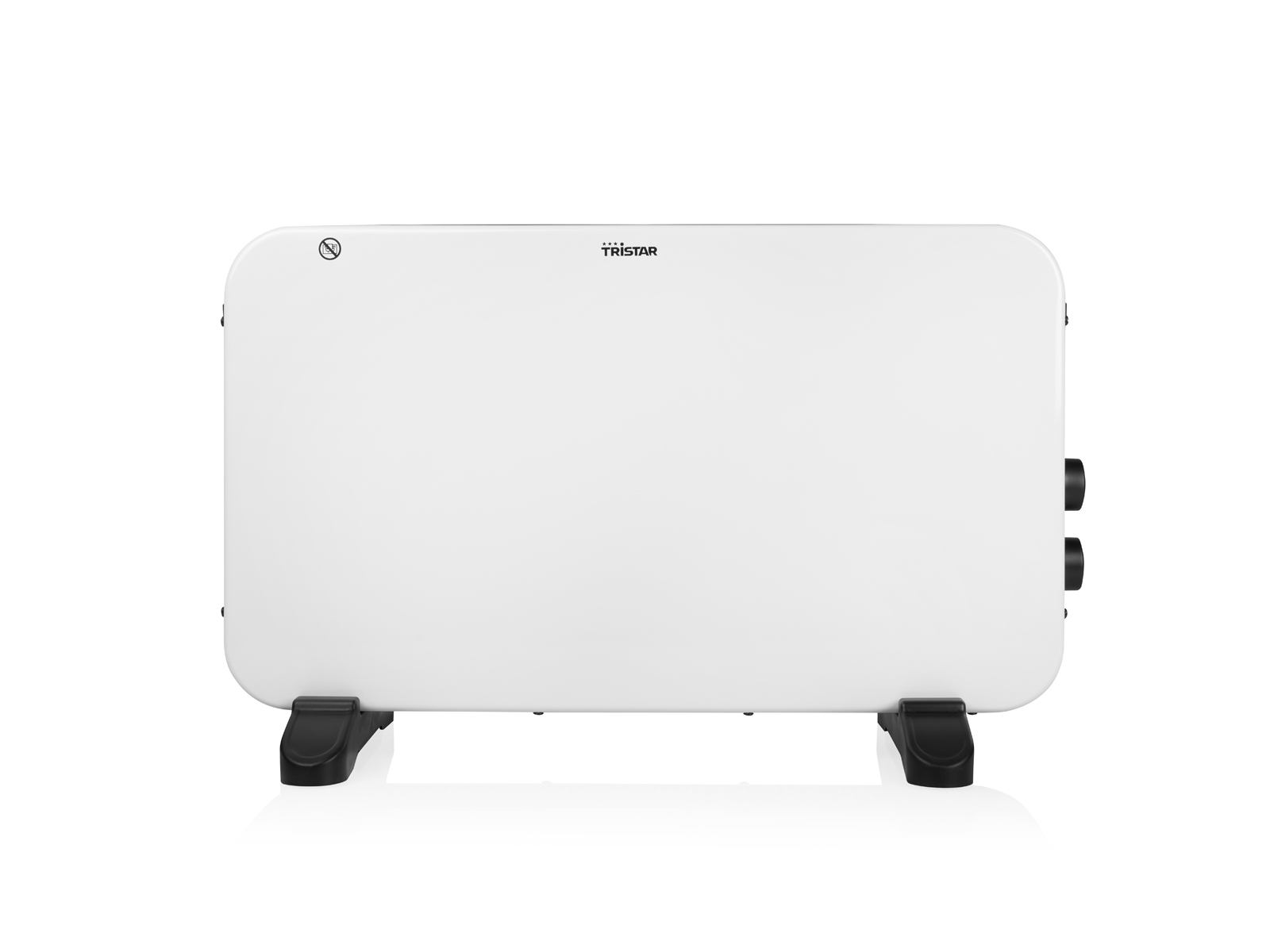 Un termoventilatore elettrico bianco con piedini neri.