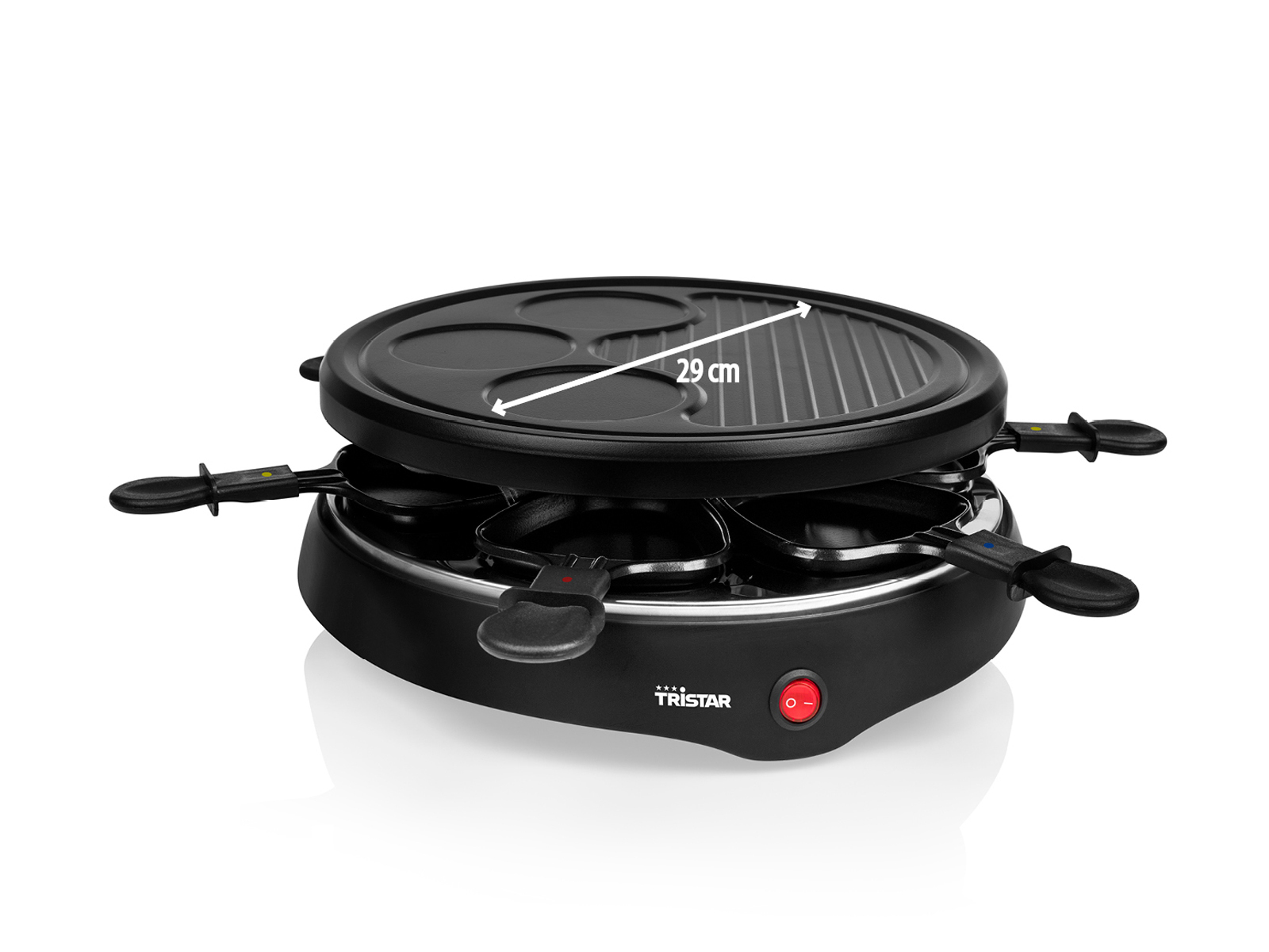 Schwarzer Raclette-Grill mit einem Maß von 29 cm über der oberen Grillfläche. Weißer Hintergrund.