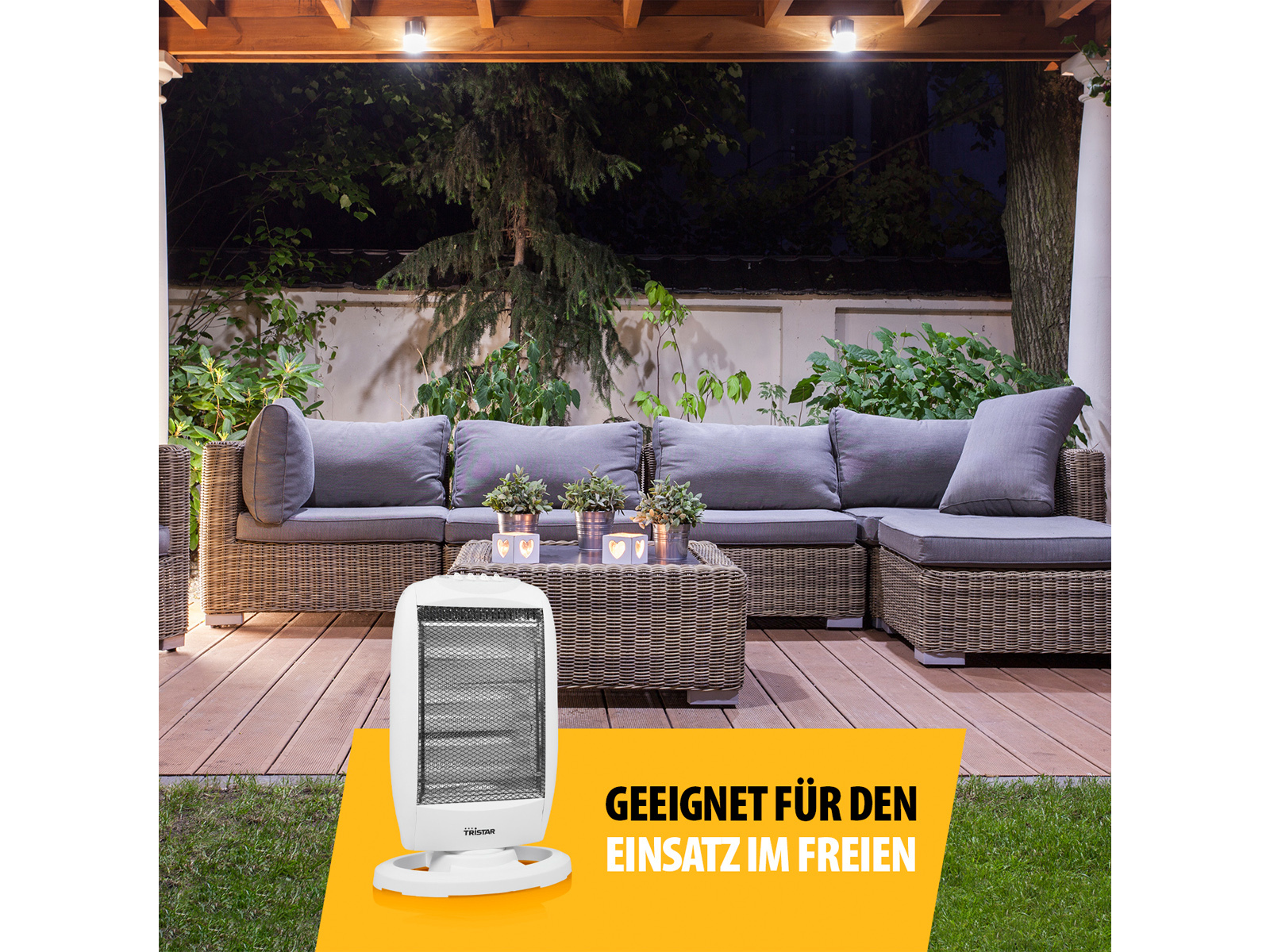 Patio esterno con un riscaldatore bianco, mobili in vimini e luci decorative. Ambientazione serale.