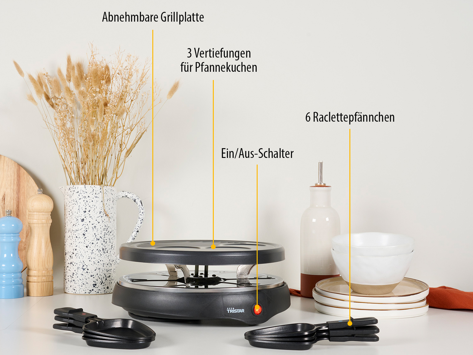 Ein Raclette-Grill mit Beschriftungen für abnehmbare Grillplatte, Pfannkuchenvertiefungen, Ein-/Ausschalter und Pfannen.