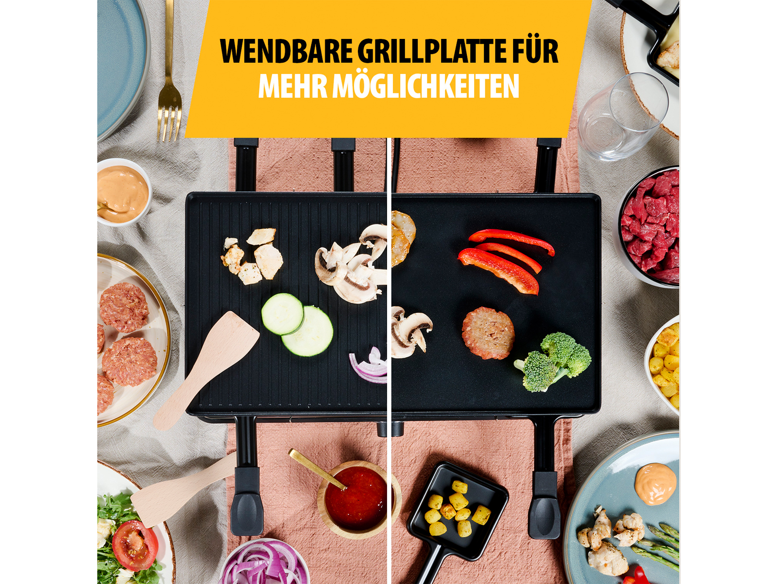 Griglia con cibo: verdure, carne e salse. Testo: 'Piastra grill reversibile'.