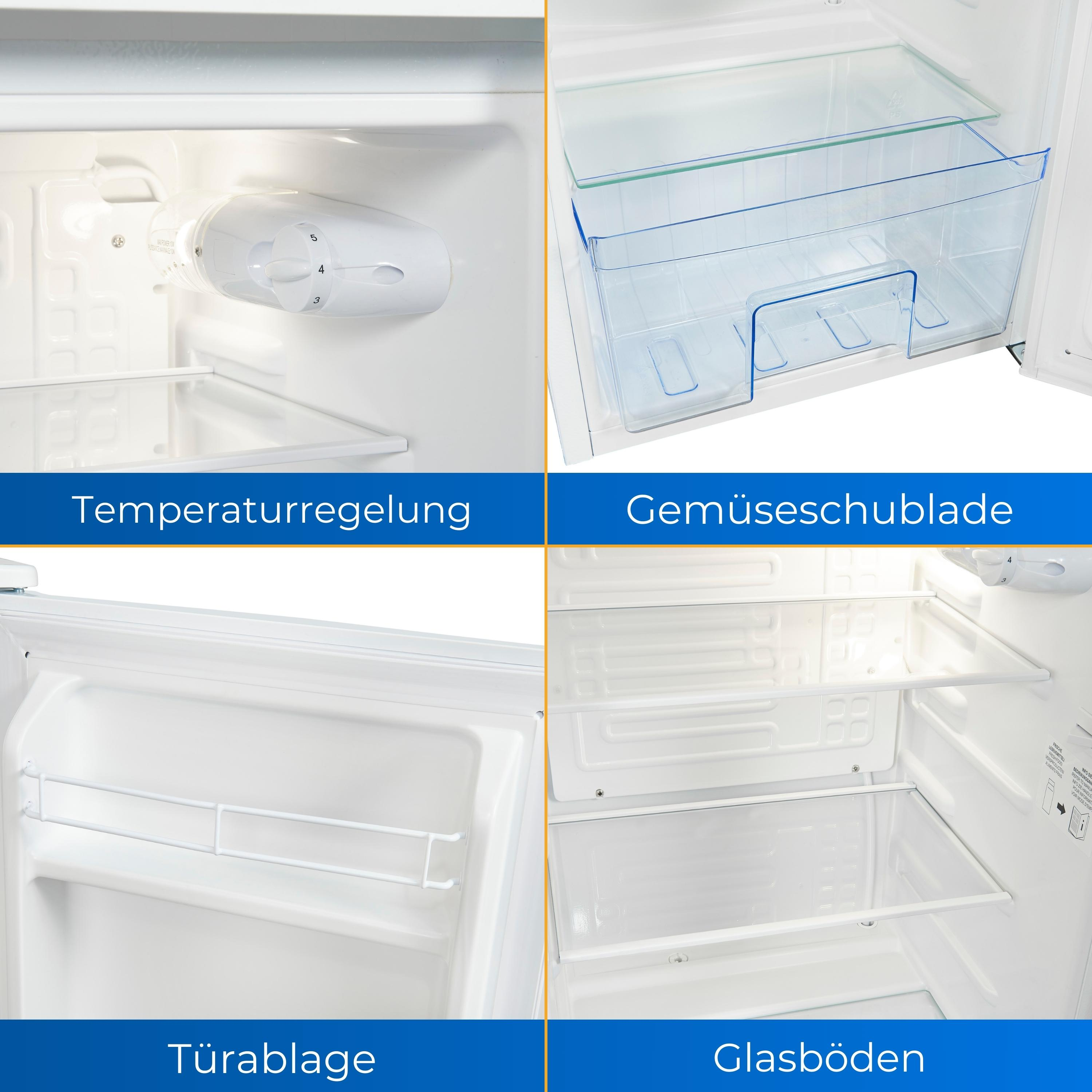 Kühlschrankinnenraum mit Temperaturregelung, Gemüseschublade, Ablagen und Türfächern.