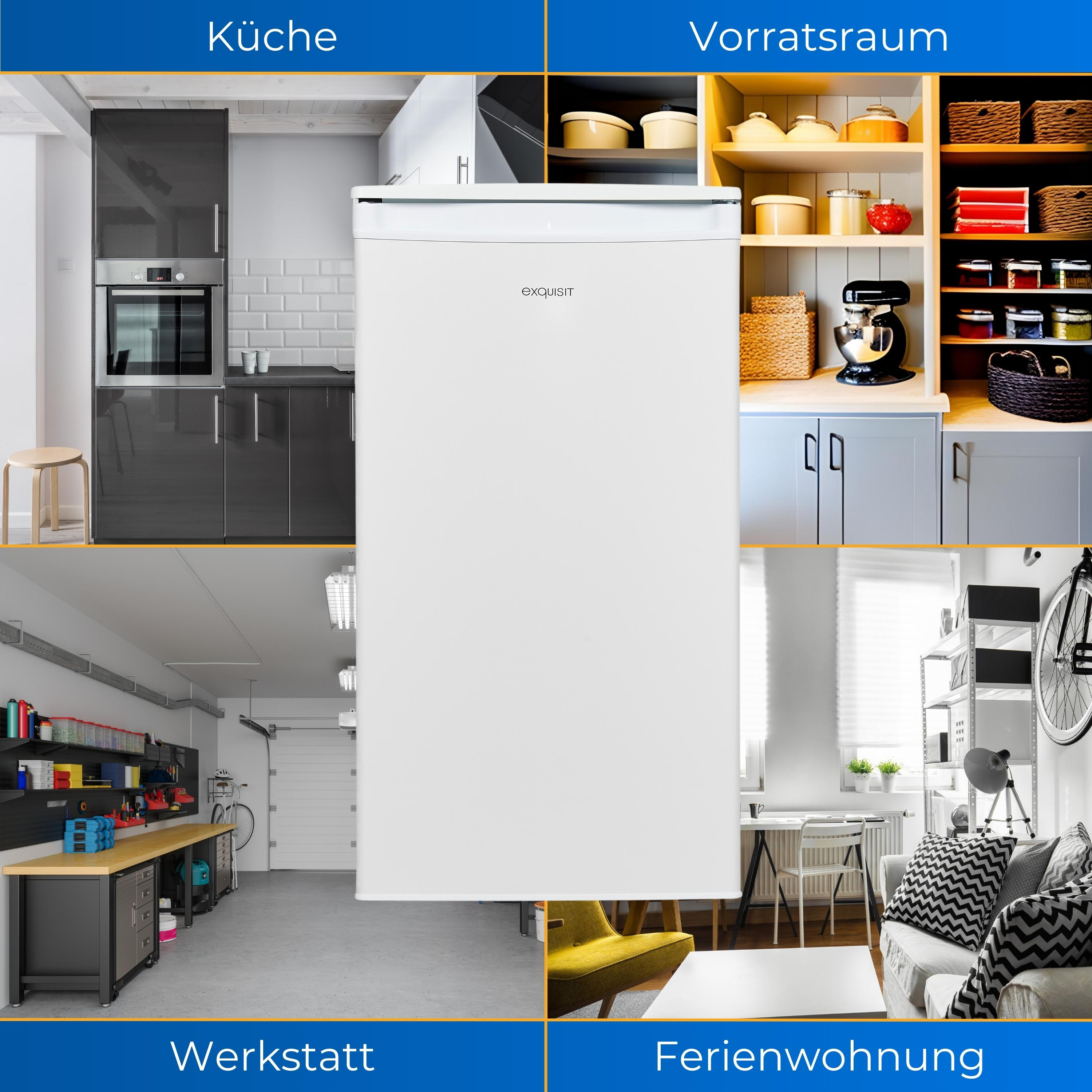 Vier Bilder, die Räume zeigen: Küche, Speisekammer, Werkstatt und Ferienwohnung.
