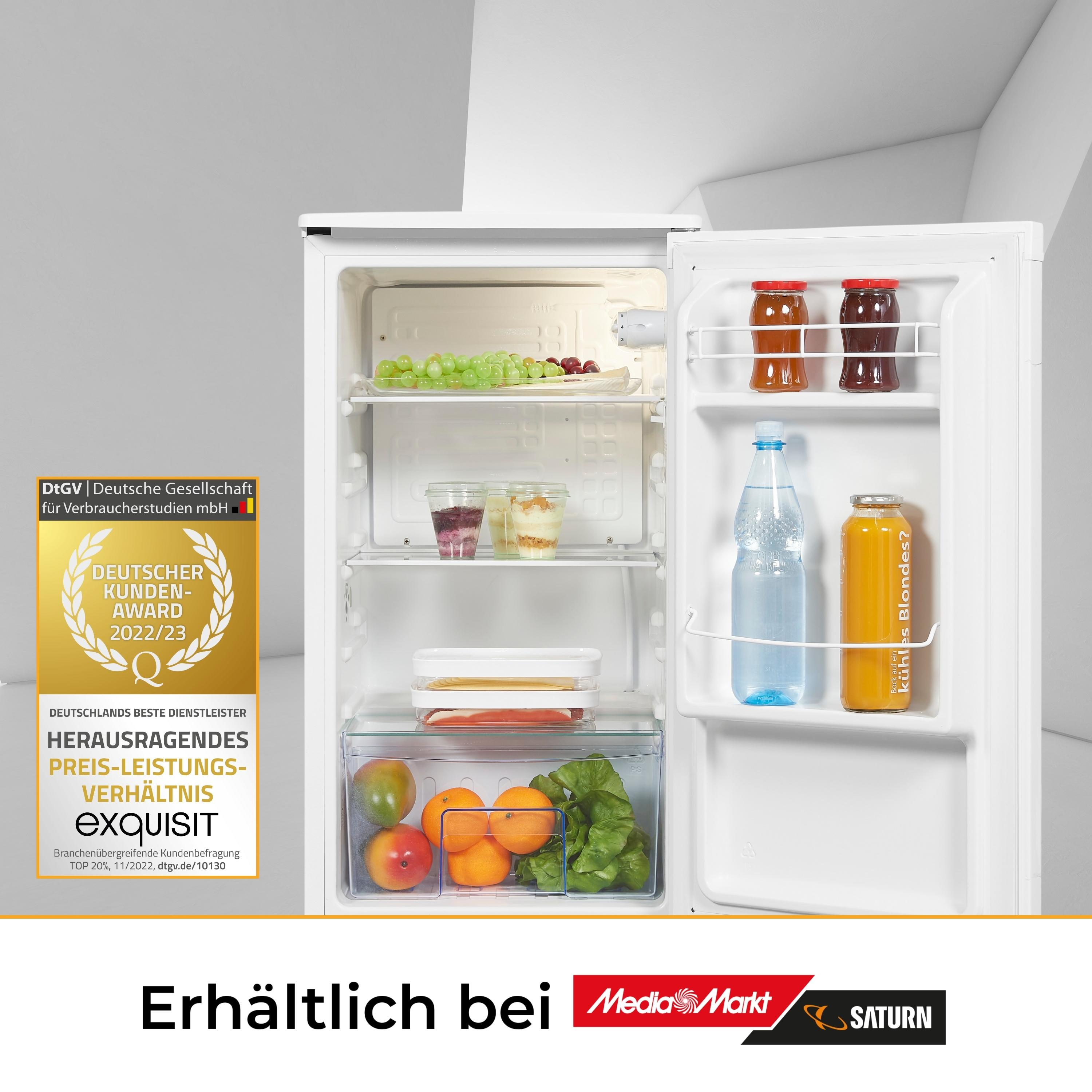 Ein Kühlschrank mit Essen und Getränken im Inneren.