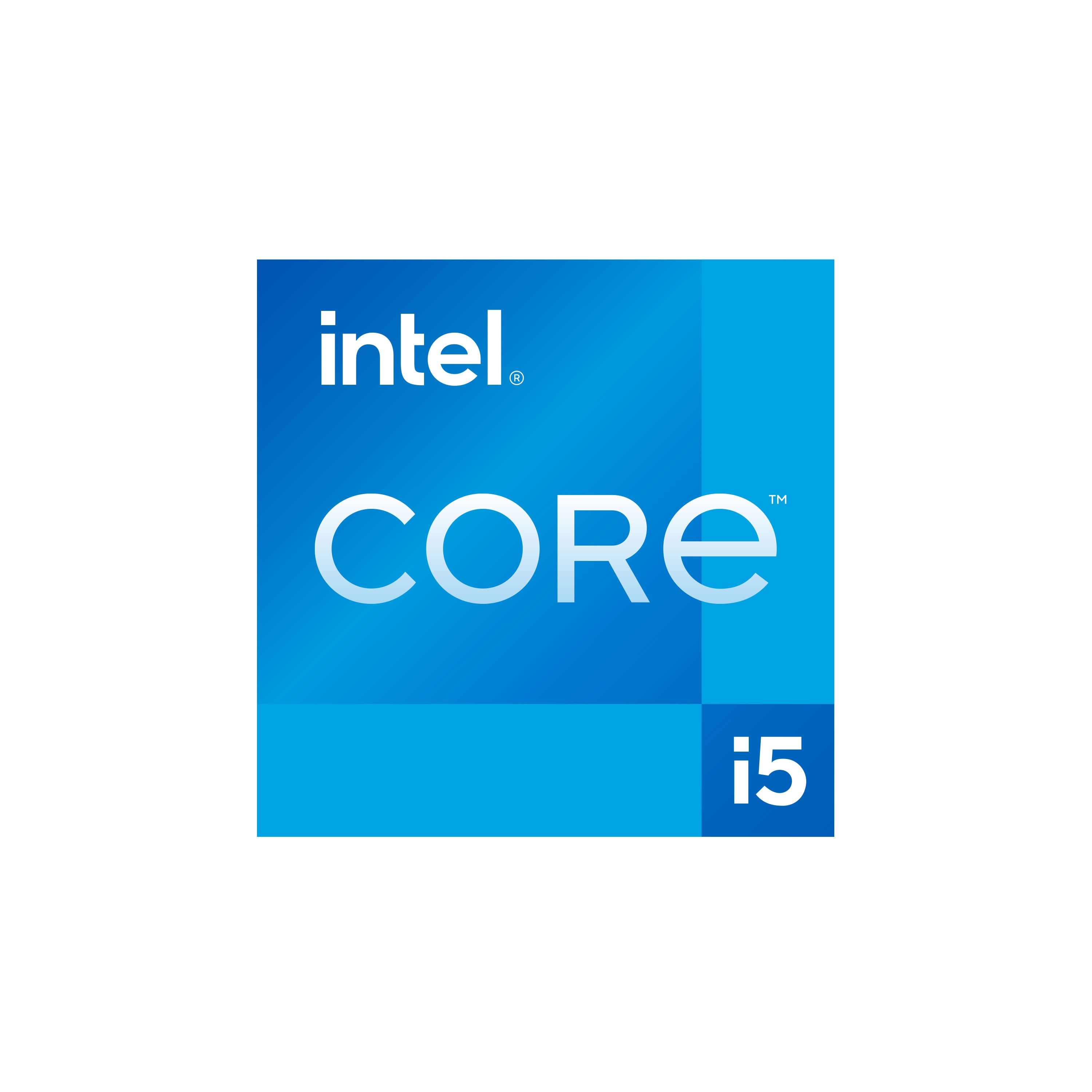Intel Core i5 Logo auf weißem Hintergrund. Das Logo ist blau und weiß, mit den Worten "intel. CORE i5".