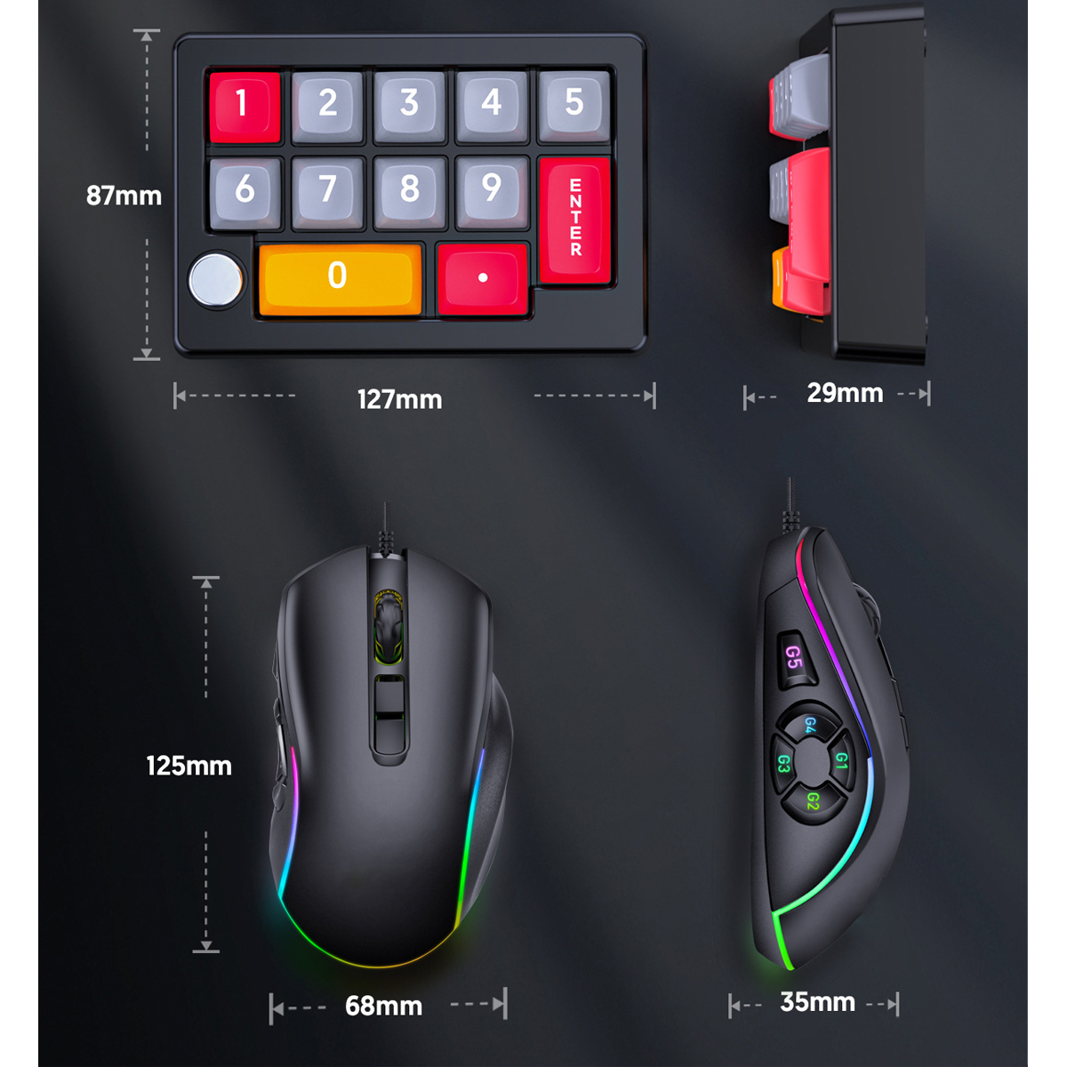 Ziffernblock und Maus. Der Ziffernblock hat eine rote Eingabetaste. Die Maus hat RGB-Lichter.