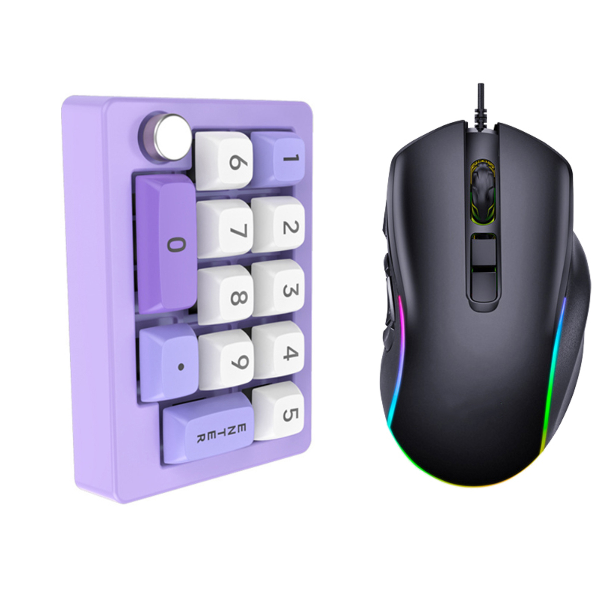 Ein lila Nummernblock und eine schwarze Maus mit LED-Leuchten.
