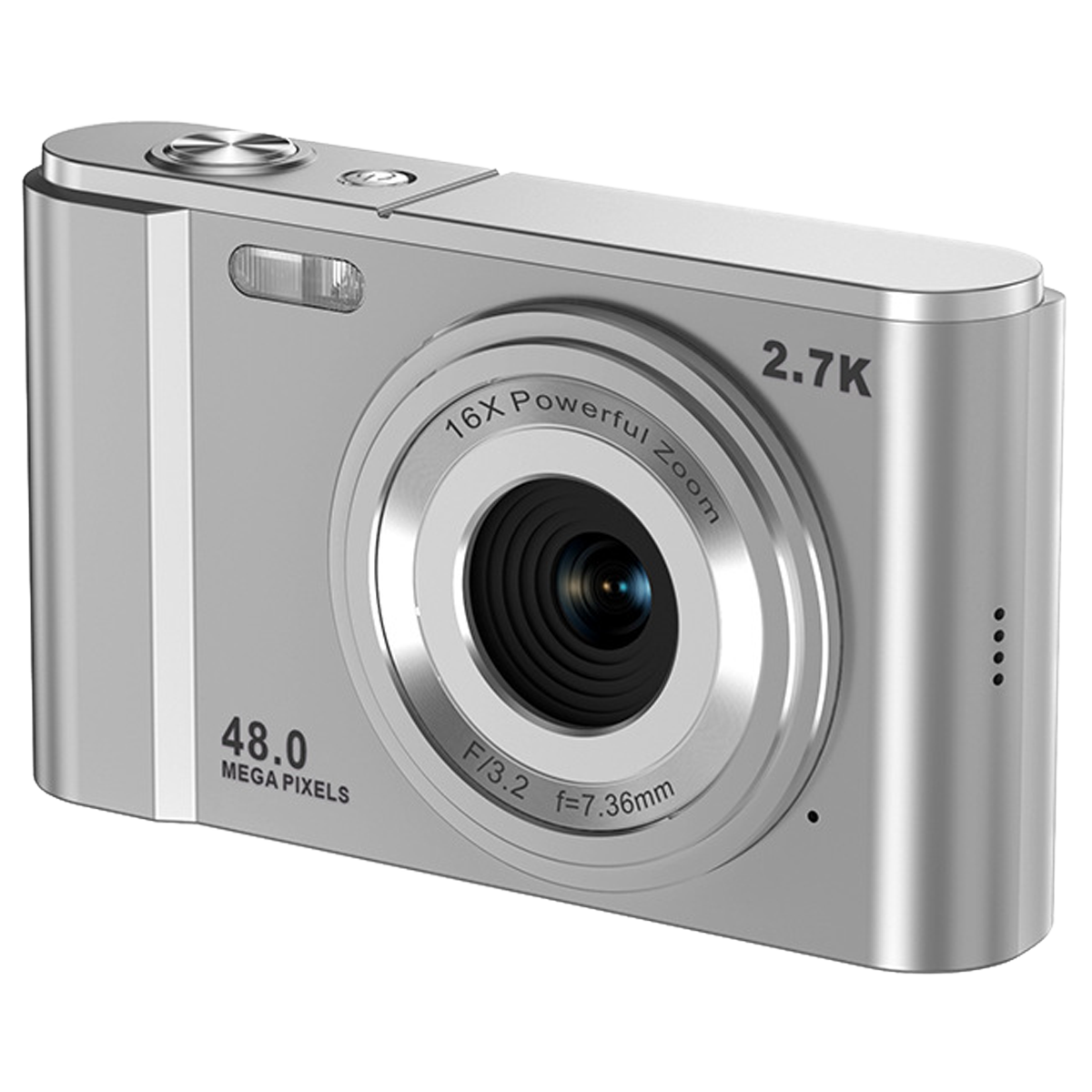 Silberne Digitalkamera mit Objektiv, 2,7K Auflösung und 48,0 Megapixeln.