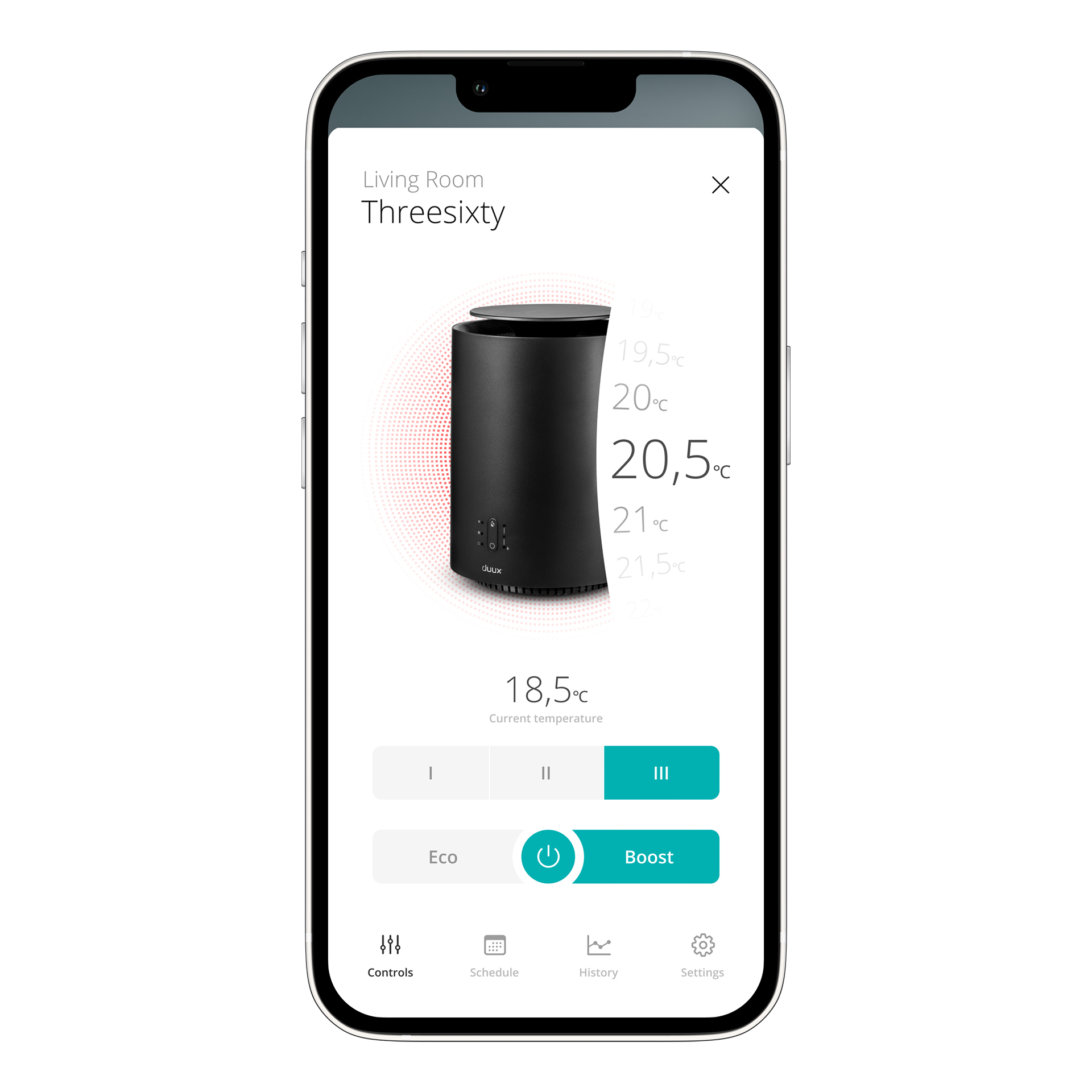 Een smartphonescherm met een smart home app-interface met een zwart cilindrisch object.