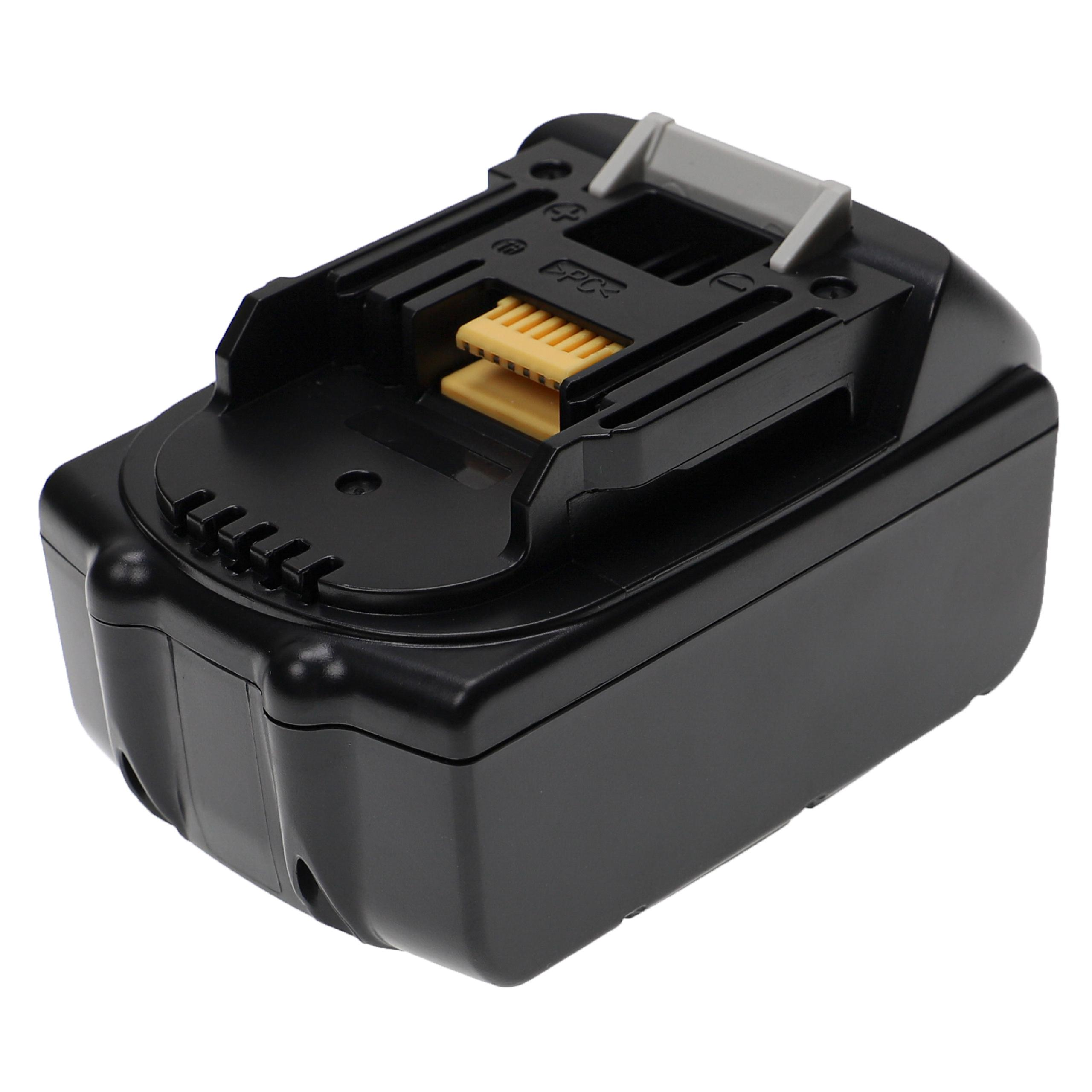 Schwarzer Akku mit gelbem Stecker und grauem Schloss. Draufsicht, vor weißem Hintergrund.