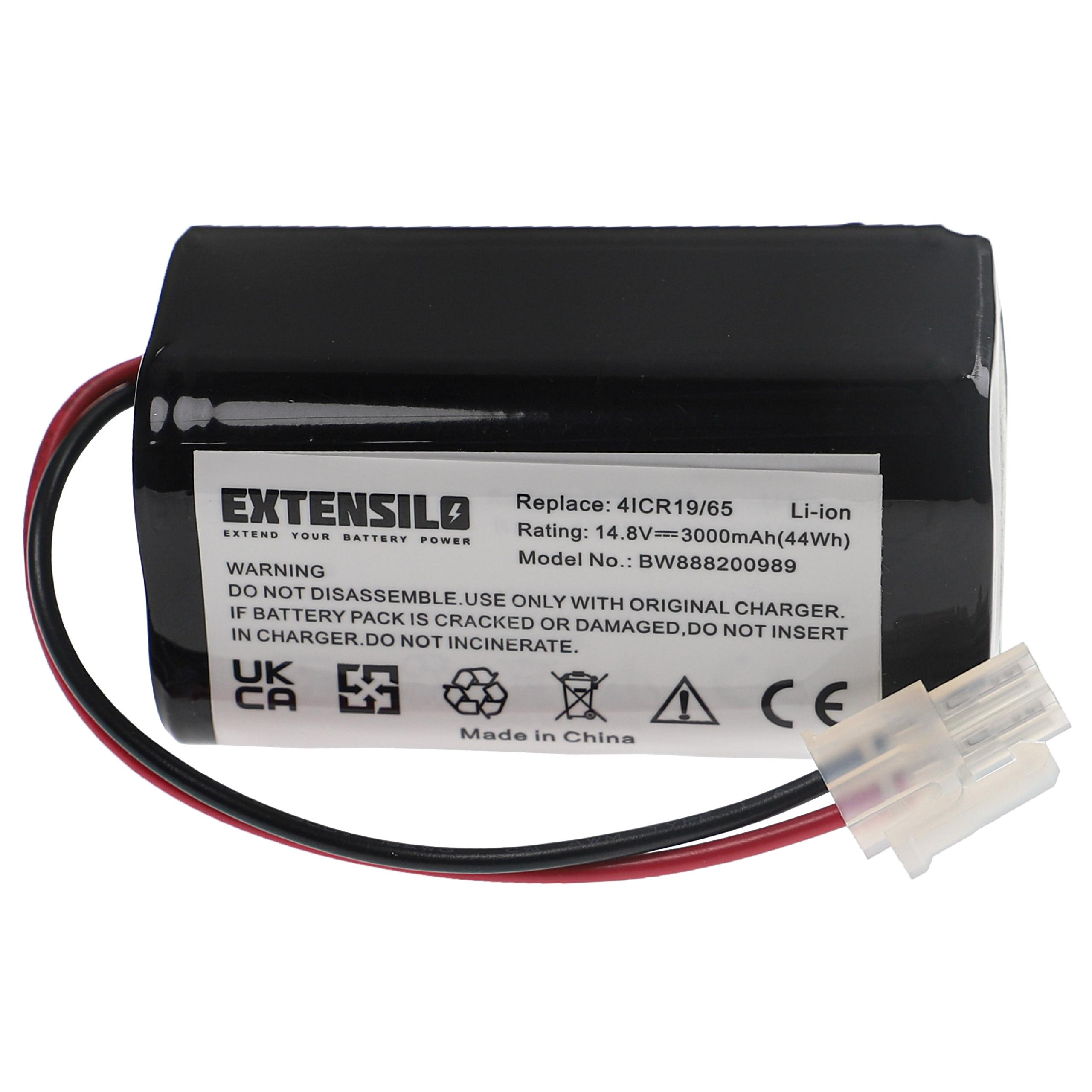 Schwarze zylindrische Batterie mit Anschluss. Sie hat ein Etikett mit Text und Warnhinweisen.