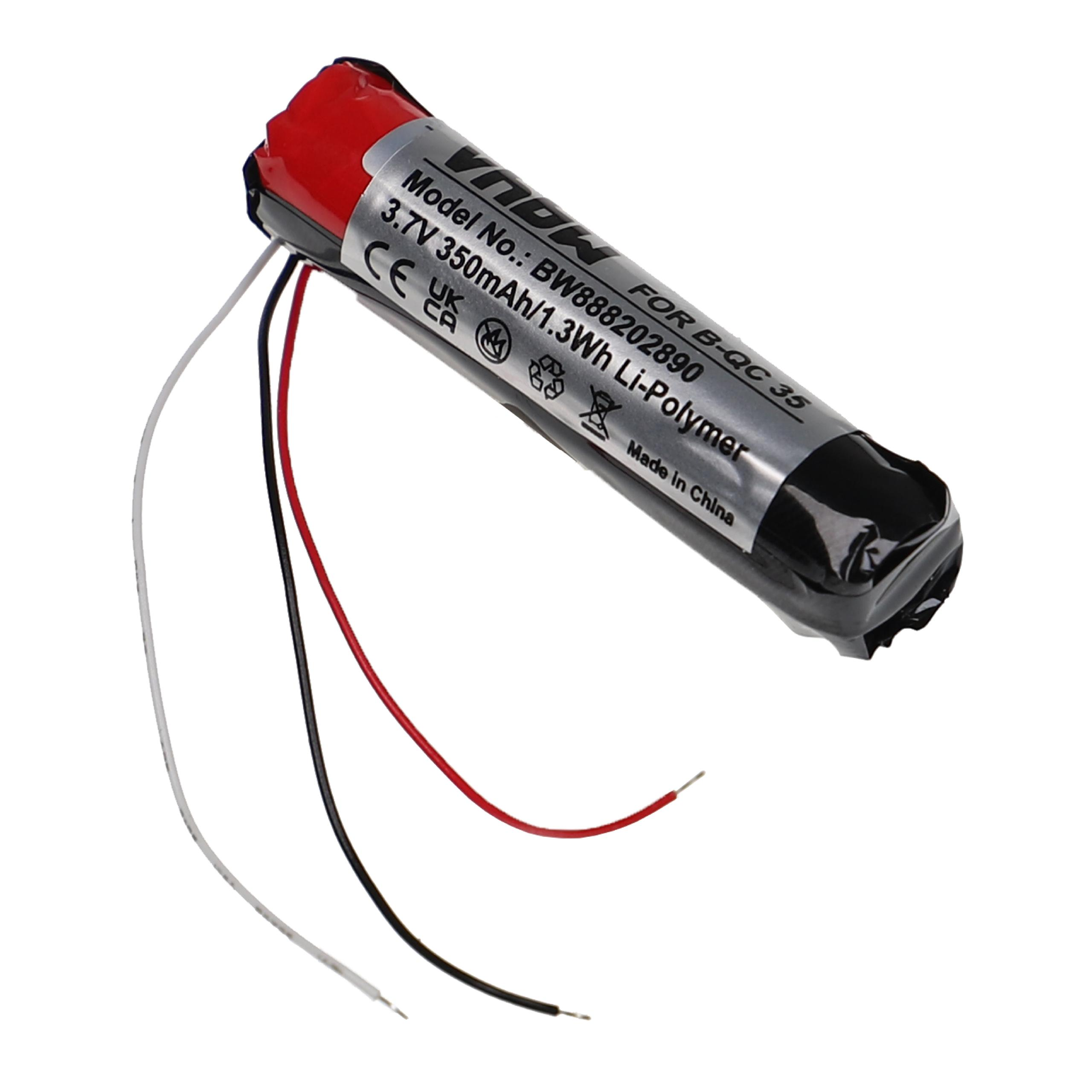 Eine schwarz-rote Batterie mit Drähten. Auf der Batterie steht 3,7 V, 350 mAh und 1,3 Wh.