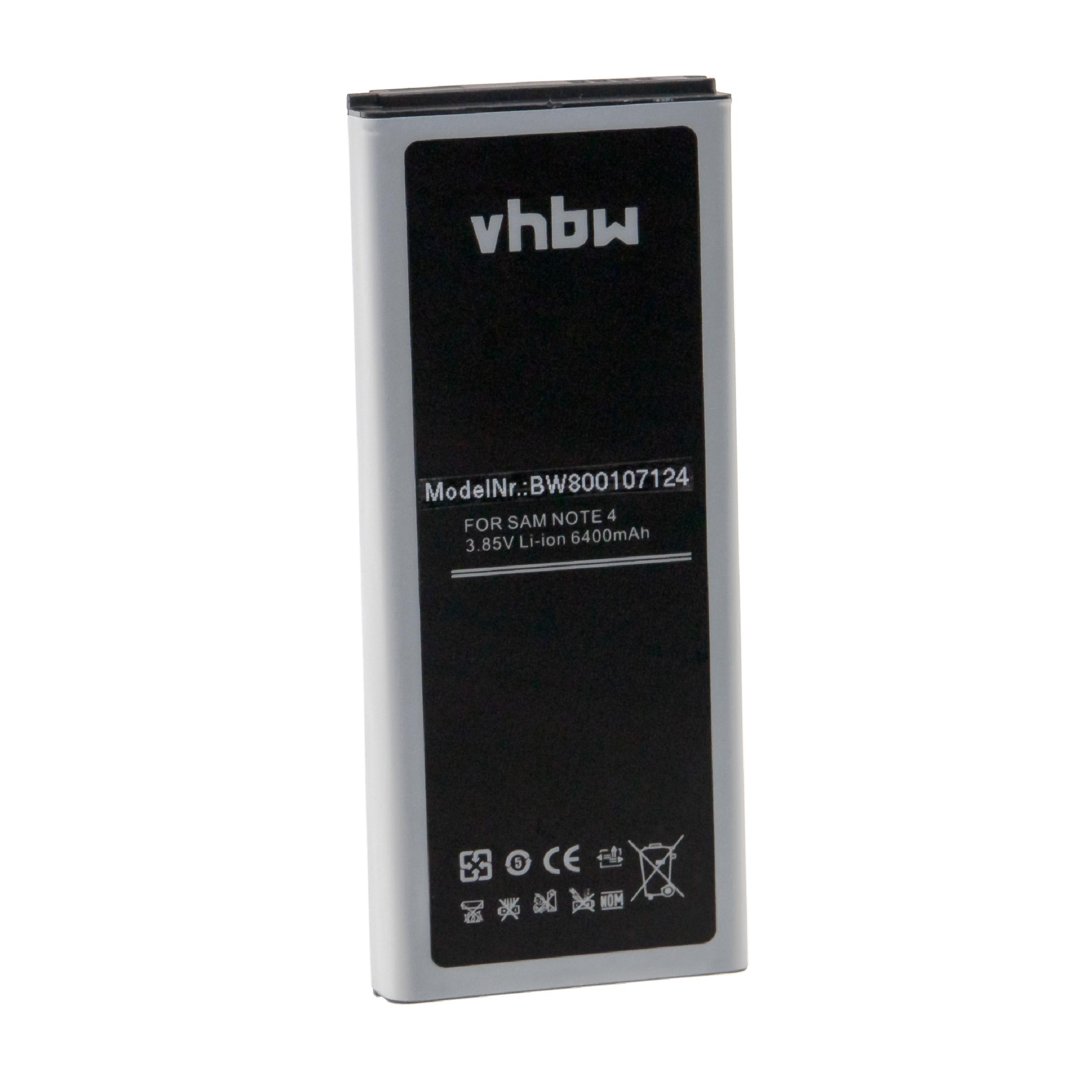 Schwarze und silberne vhbw-Batterie für Samsung Note 4, mit Text und Etiketten.