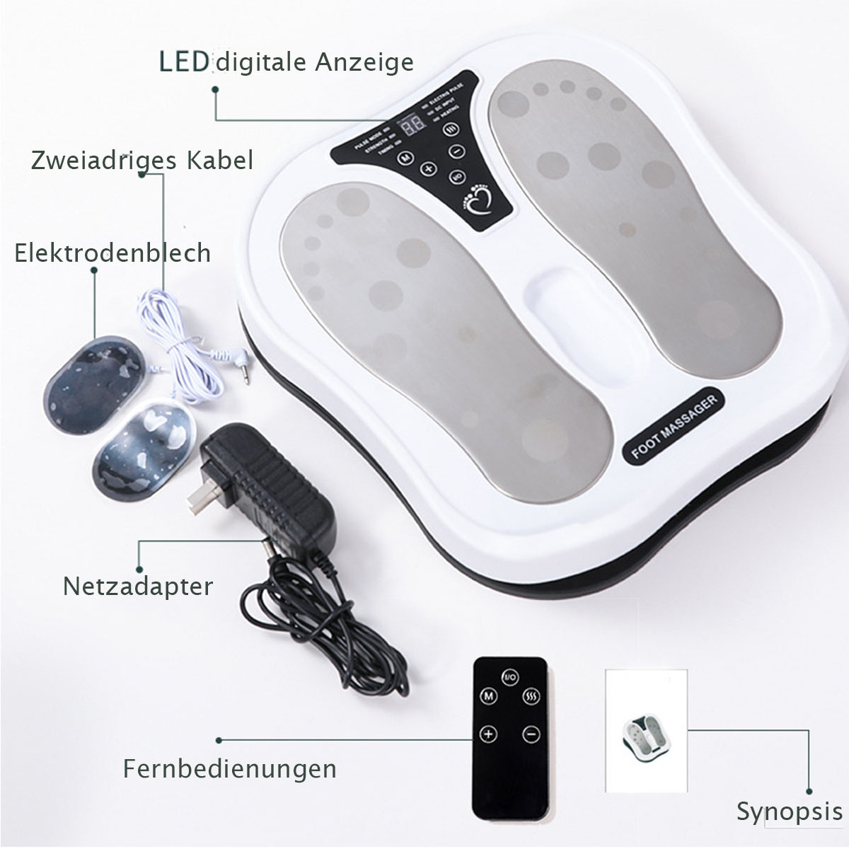 Ein Fußmassagegerät mit Fernbedienung, Elektroden und Netzteil.