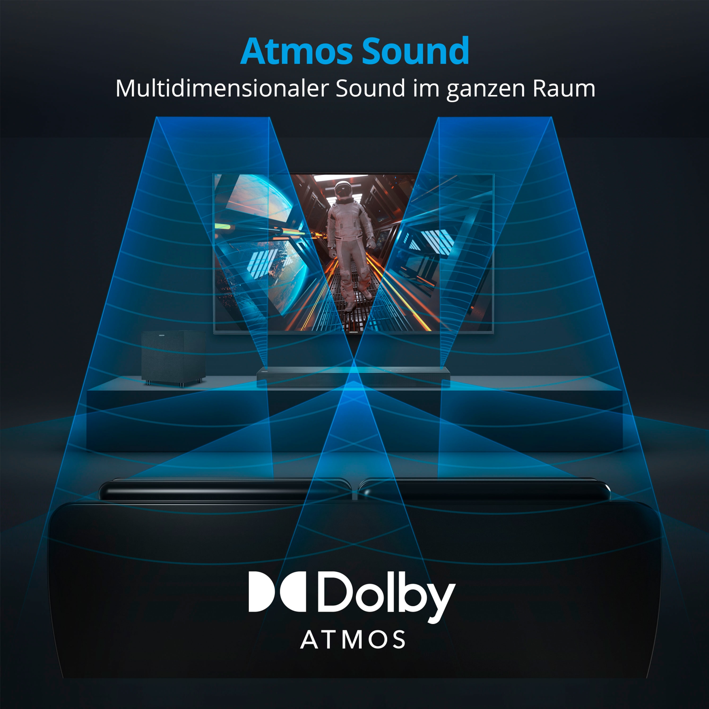 multidimensionaler 60 Dolby LIFE® S61022 20 MEDION W x schwarz (RMS) Subwoofer, Atmos®, + Soundbar, Bluetooth®, 3 W Sound,