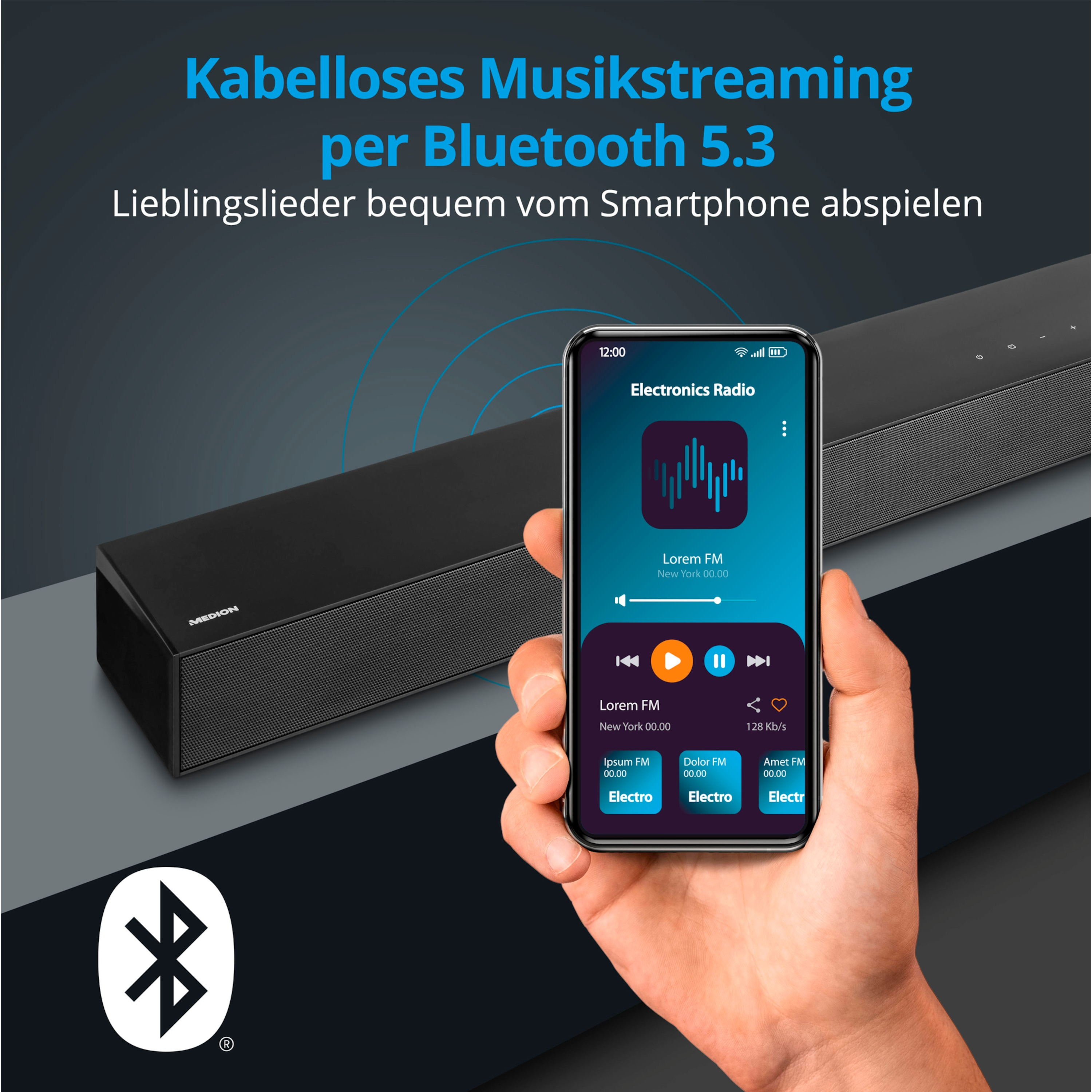 Soundbar, Bluetooth®, Subwoofer, 60 x + MEDION Sound, multidimensionaler schwarz 3 Dolby W Atmos®, (RMS) S61022 20 W LIFE®
