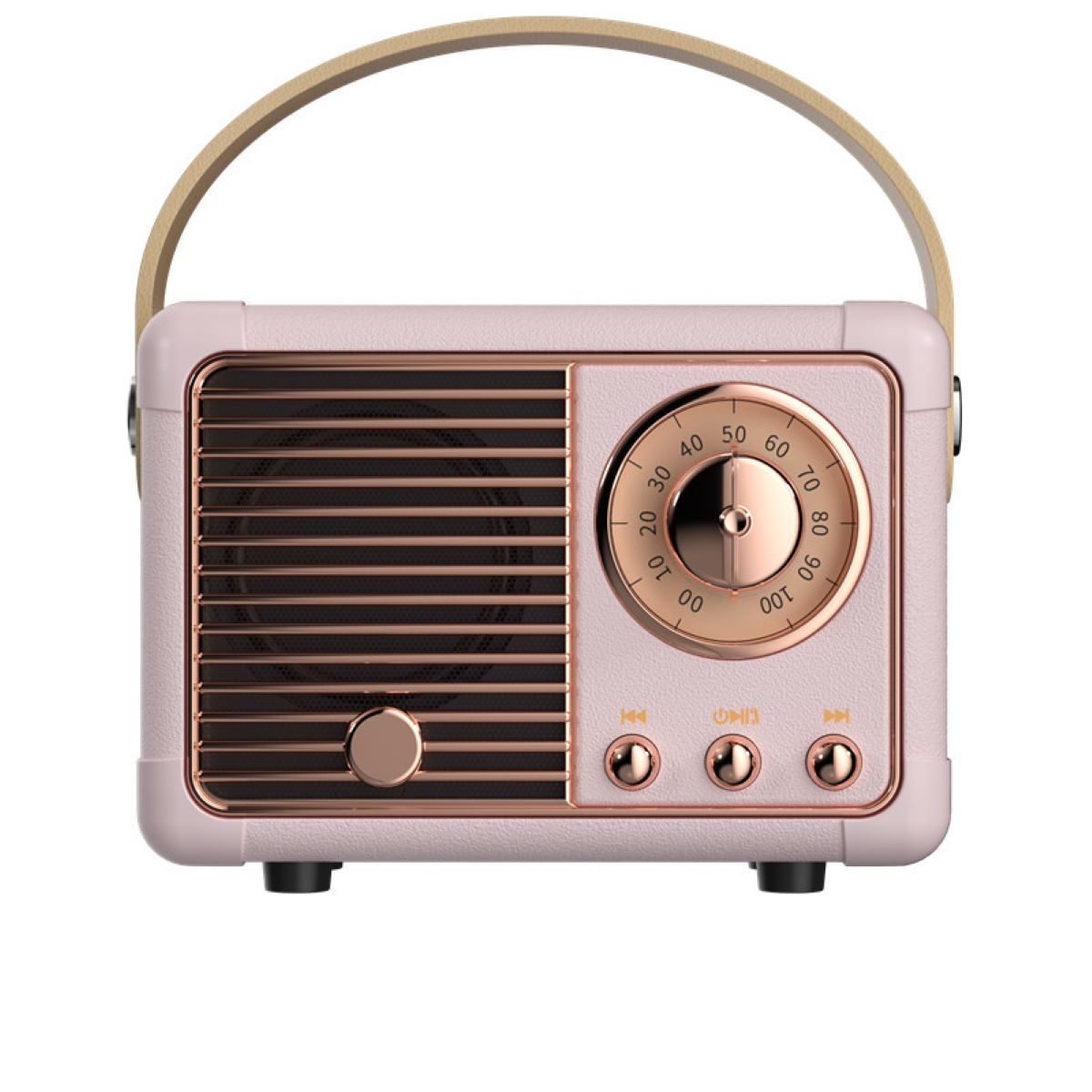 Ein rosa Retro-Radio mit Holzgriff.