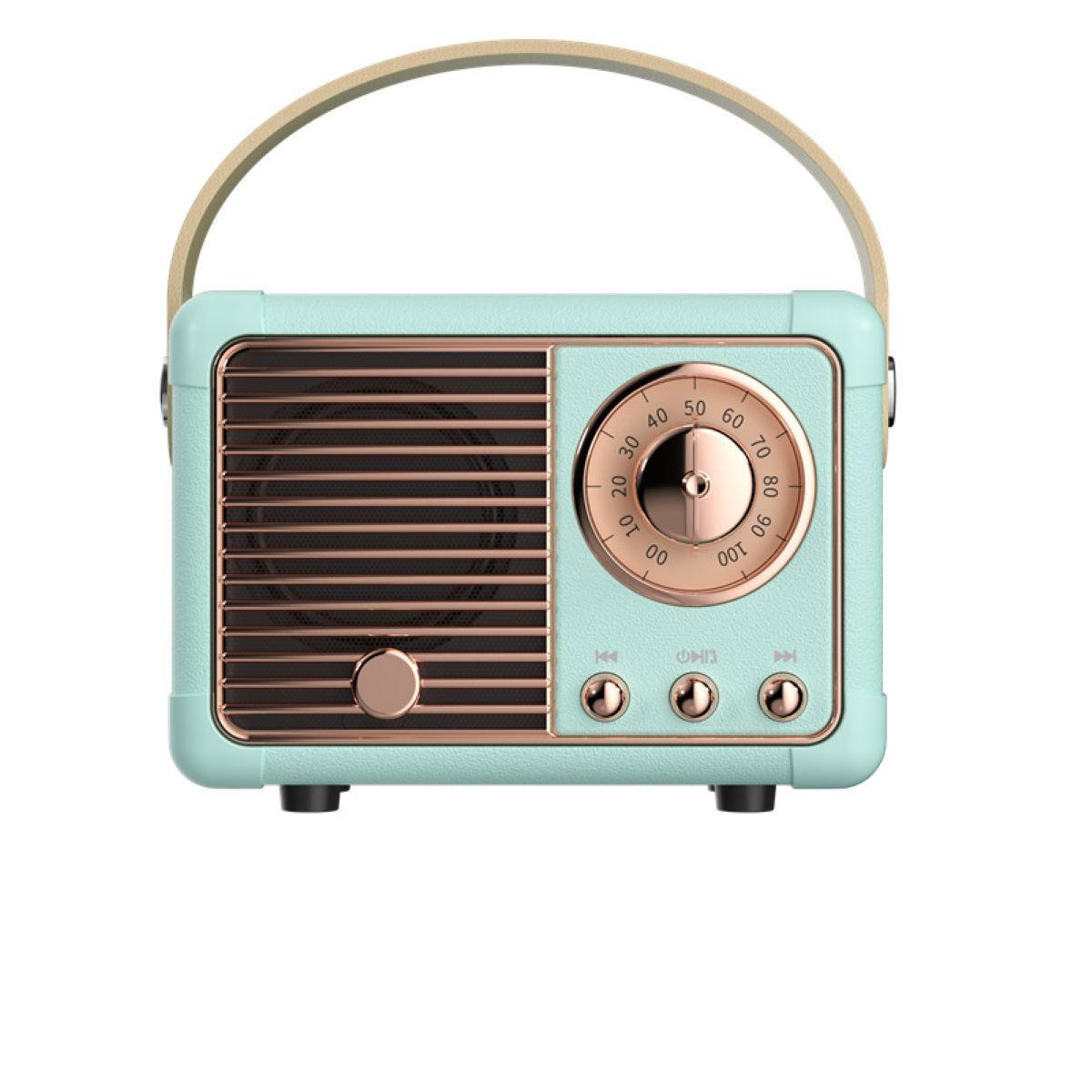 Retro-Radio in Mintgrün und Gold mit Griff und Drehregler.