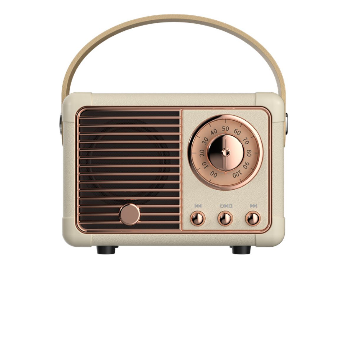 Ein cremefarbenes und roségoldenes Radio im Retro-Stil mit Griff und drei Knöpfen.