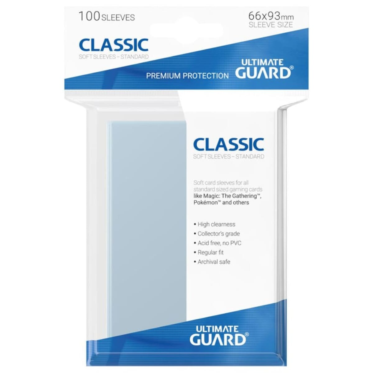 Una confezione di bustine per carte. La confezione è bianca e blu, con la scritta 'Classic Soft Sleeves'.