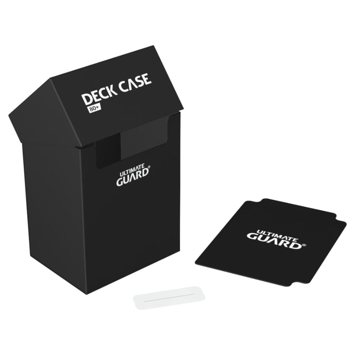 Astuccio nero per carte con logo Ultimate Guard e un mazzo di carte.