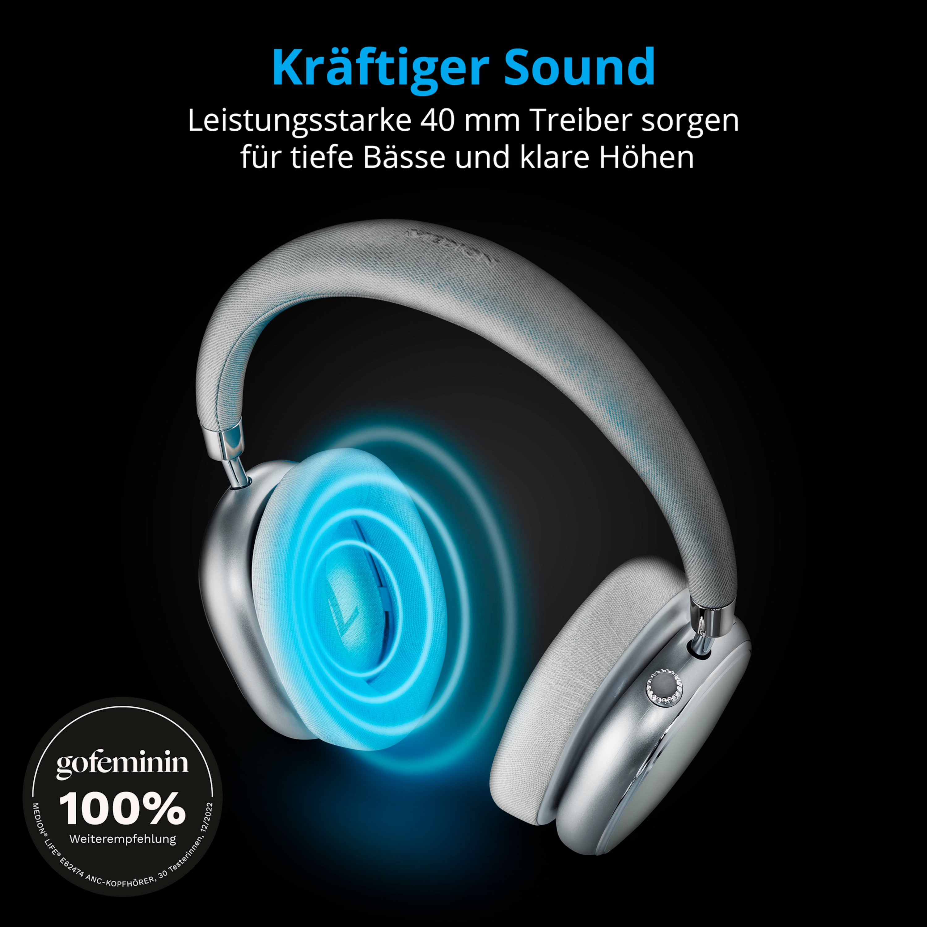 MEDION LIFE® E62474, Active-Noise-Cancelling, lange silber Kopfhörer kabellos Over-ear kabelgebunden, oder Bluetooth®, Akkulaufzeit