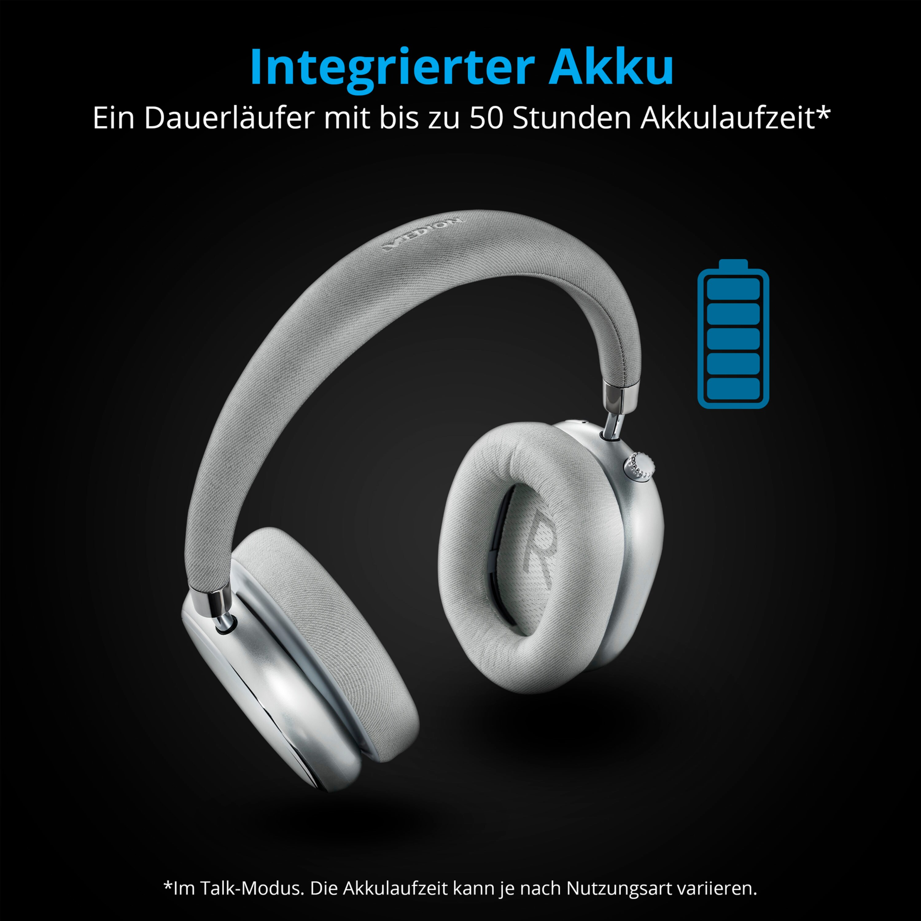 MEDION LIFE® E62474, Active-Noise-Cancelling, lange silber Kopfhörer kabellos Over-ear kabelgebunden, oder Bluetooth®, Akkulaufzeit