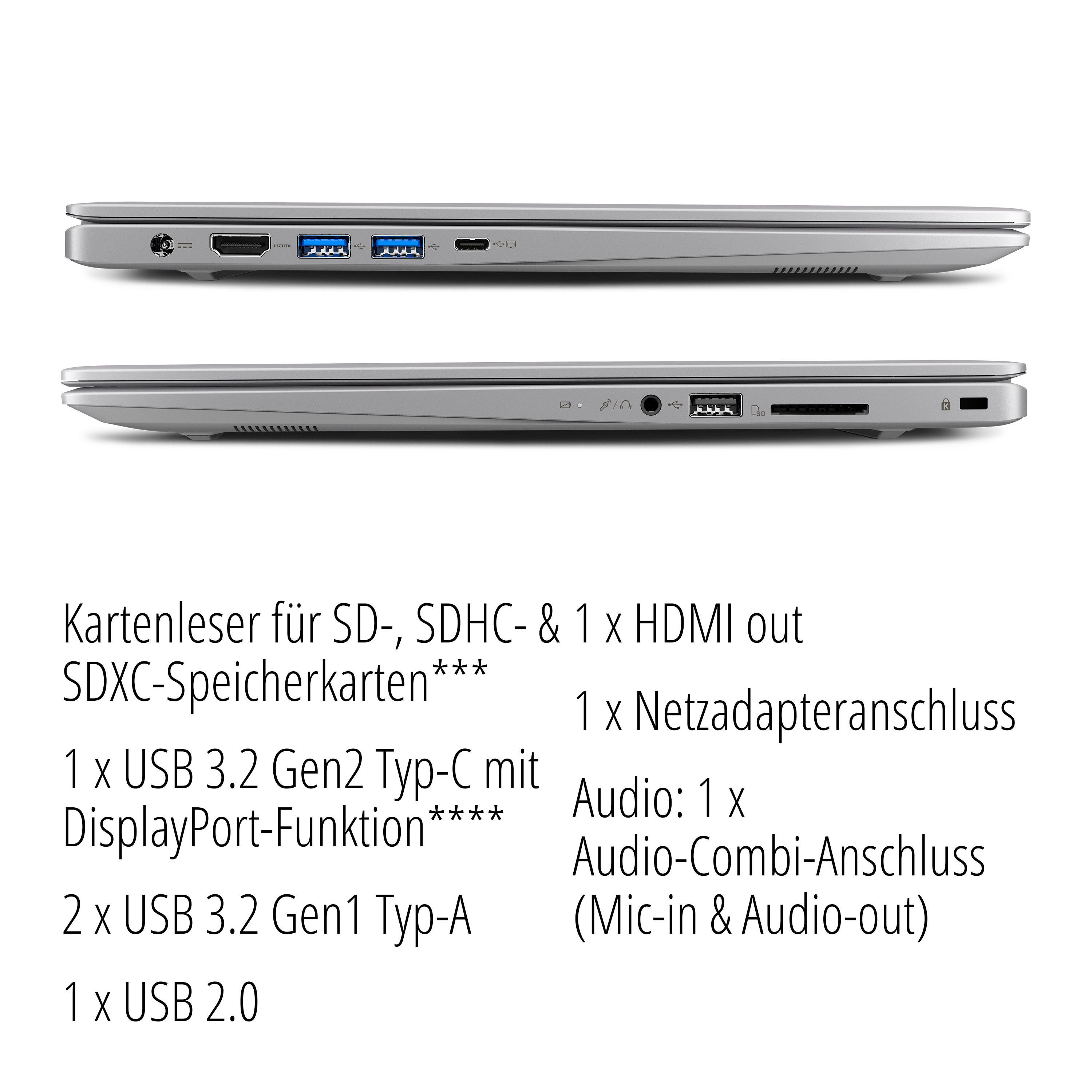 Ein Laptop von der Seite, silberfarben, mit Anschlüssen und Beschriftungen. Die Oberseite hat ein Logo, die Unterseite Text.